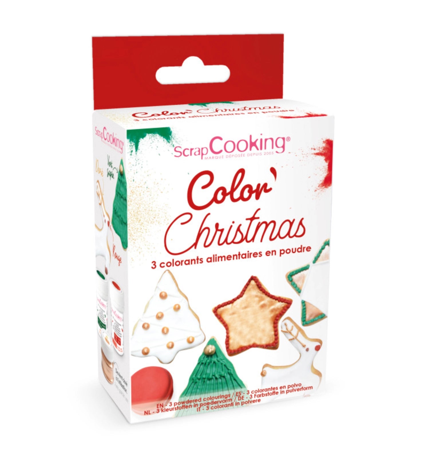 Entdecken Sie das 3-tlg. Farbpulver-Set Weihnachten in Grün, Gold und Rot von Scrap Cooking. Ideal für kreative Backideen und festliche Dekorationen!