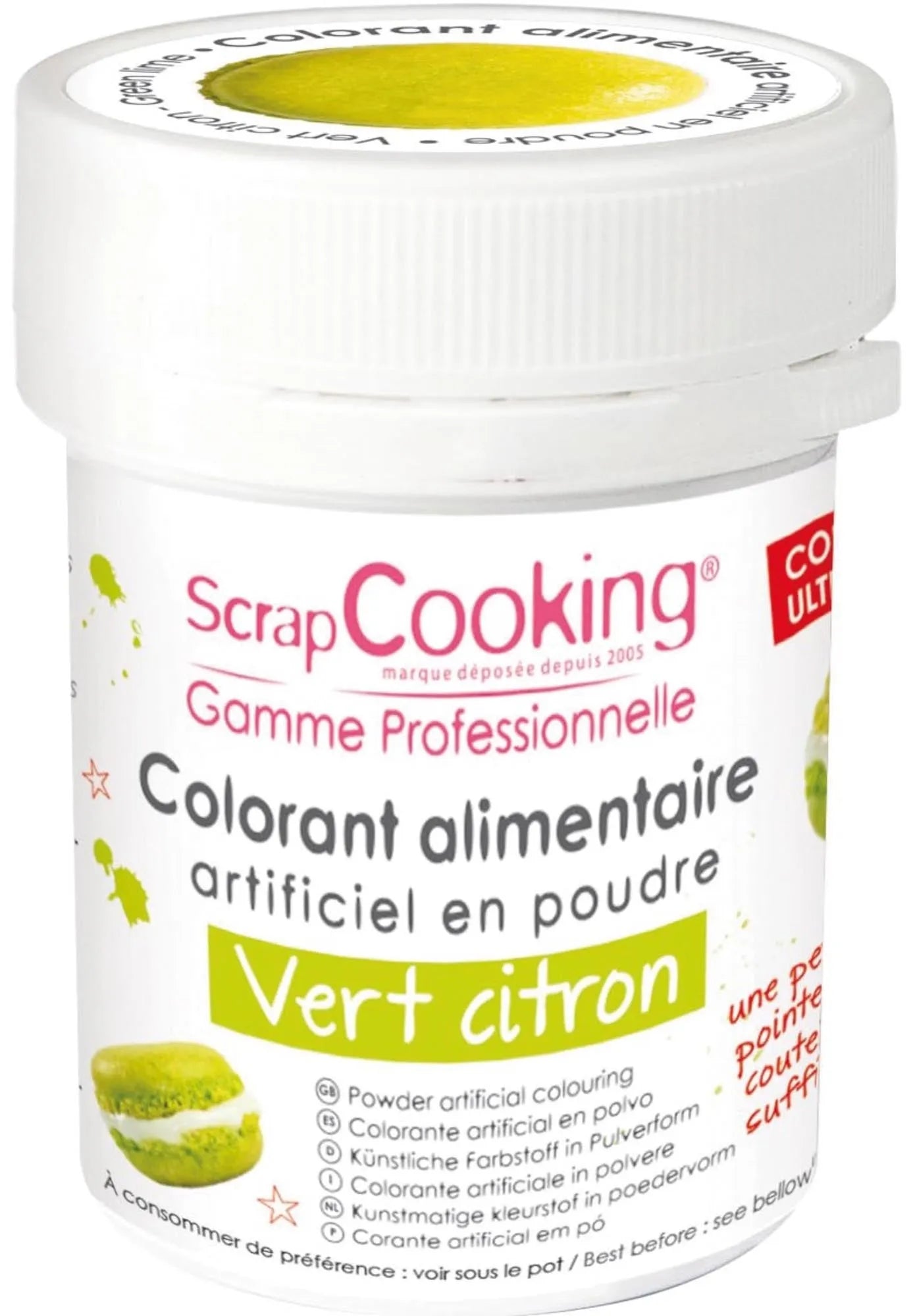 Intensives, geschmacksneutrales Farbpulver in Zitronengrün, vegan & glutenfrei, ideal für kreative Backprojekte. 5g, wiederverschließbar.
