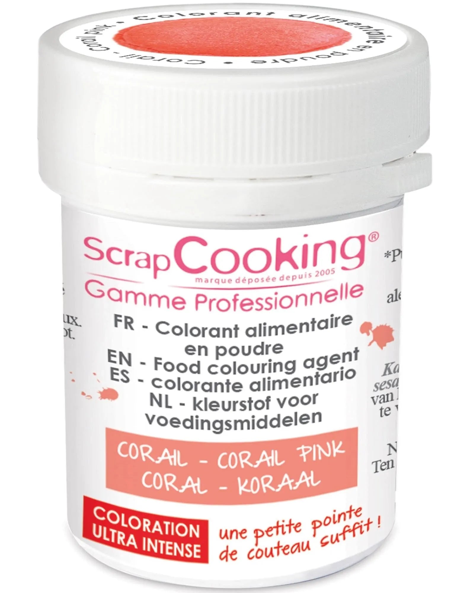 Leuchtendes, geschmacksneutrales Farbpulver Korall von Scrap Cooking, ideal für kreative, vegane und glutenfreie Backkreationen.