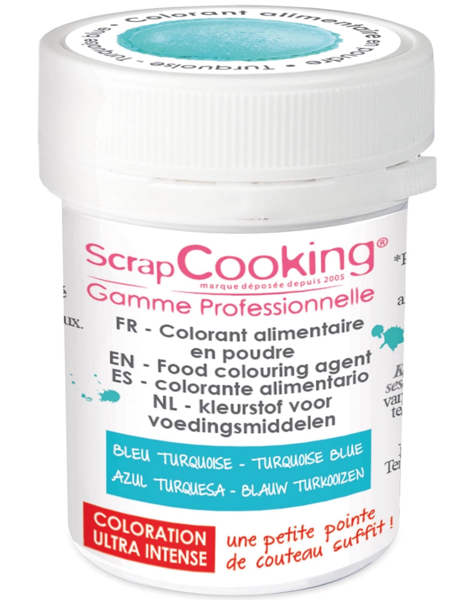 Intensives türkis Farbpulver von Scrap Cooking: Perfekt für Backwaren, vegan, glutenfrei, einfache Anwendung, gleichmäßige Färbung.