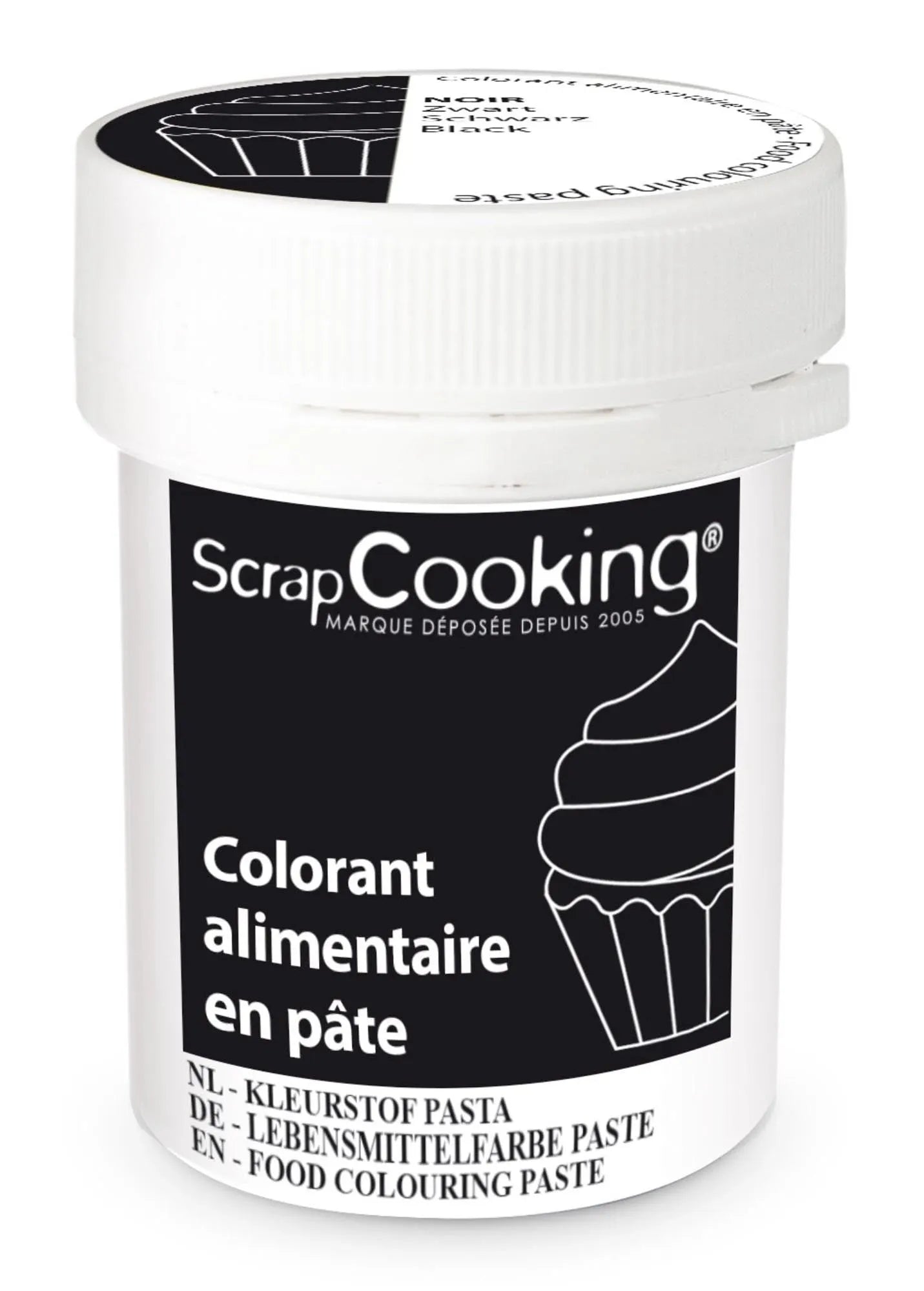 Intensive schwarze Lebensmittelfarbe von Scrap Cooking, ideal für Fondant, Buttercreme und Teig. Perfekt für kreative Tortendekorationen.