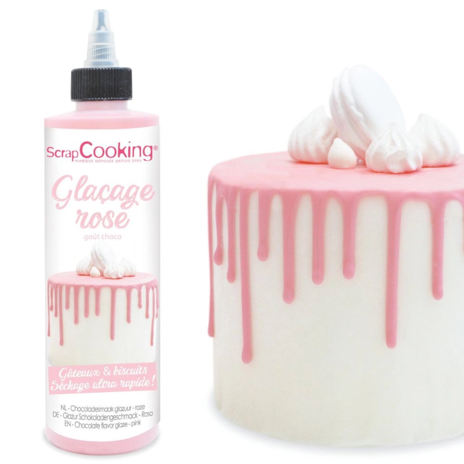 Verführerische rosa Schokoladenglasur für Drip Cakes, 130g von Scrap Cooking, ideal zum Dekorieren und Verfeinern von Kuchen und Süßspeisen.