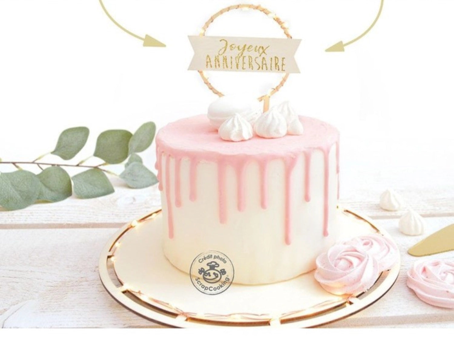 Festlicher Cake Topper "Joyeux Anniversaire" mit stimmungsvoller LED-Beleuchtung, perfekt für Geburtstagsfeiern und besondere Anlässe.