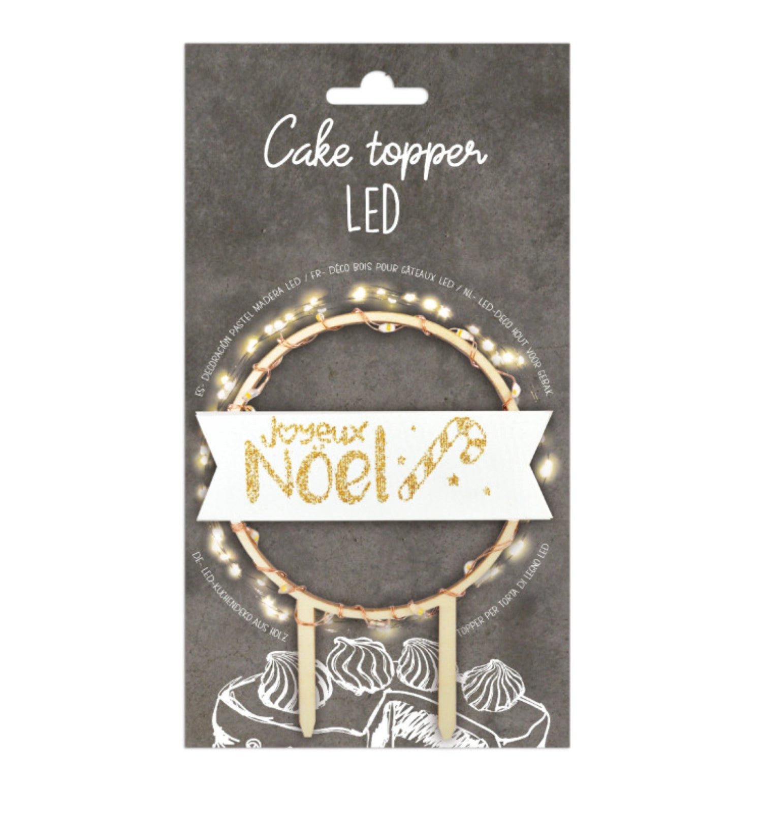 Festlicher Cake Topper "Joyeux Noël" mit LED-Beleuchtung in Beige, ideal für weihnachtliche Backkreationen von Scrap Cooking.