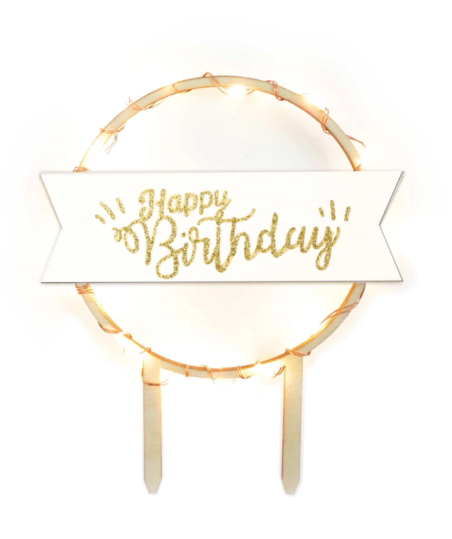 Fantasievoller Cake Topper mit leuchtendem Happy Birthday Schriftzug und LED-Effekten, ideal für Geburtstagsfeiern und kreative Tortengestaltung.