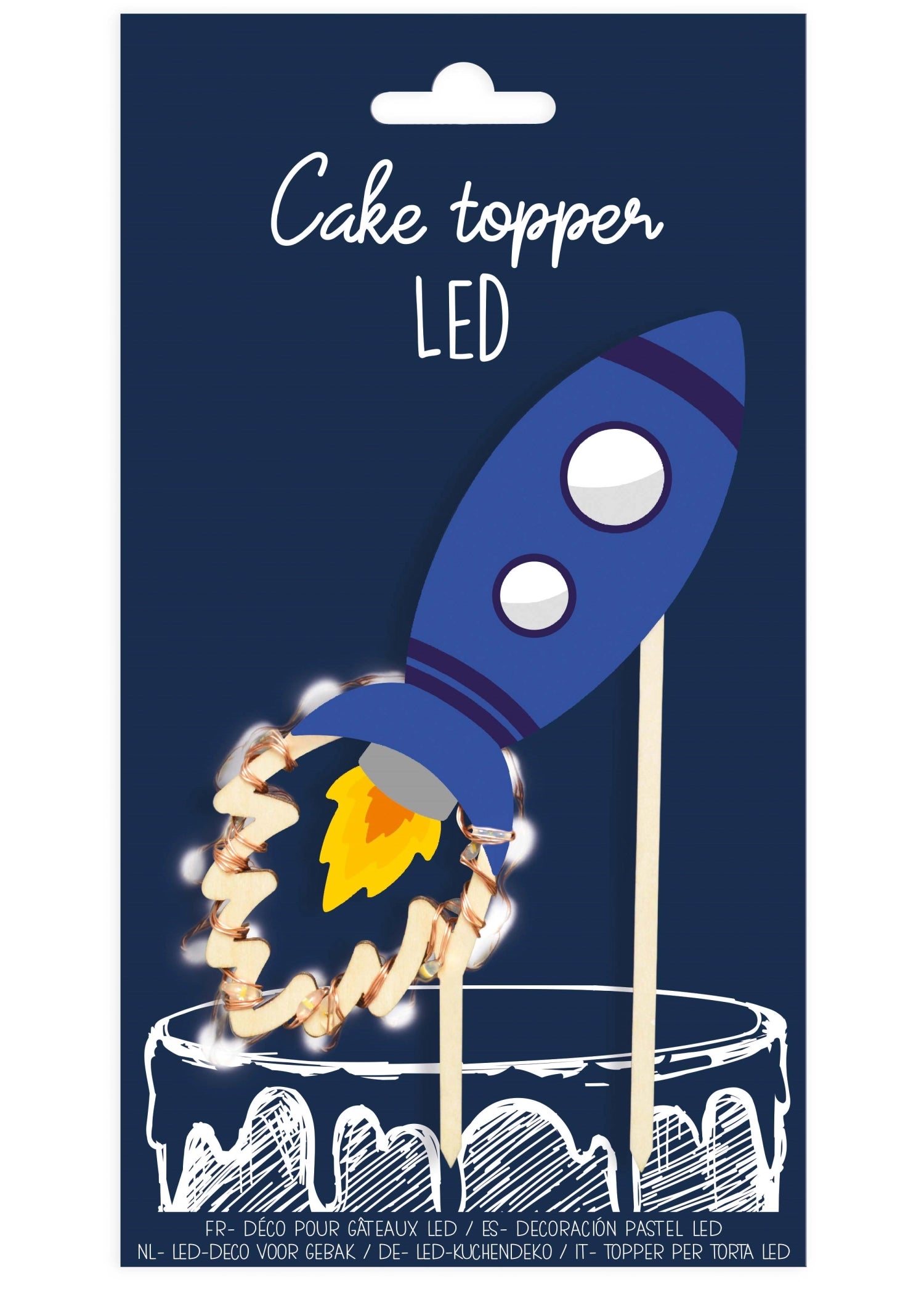 Fantasievoller Cake Topper mit LED-Lichtern im Weltall-Design, ideal für kreative Torten und unvergessliche Feiern.