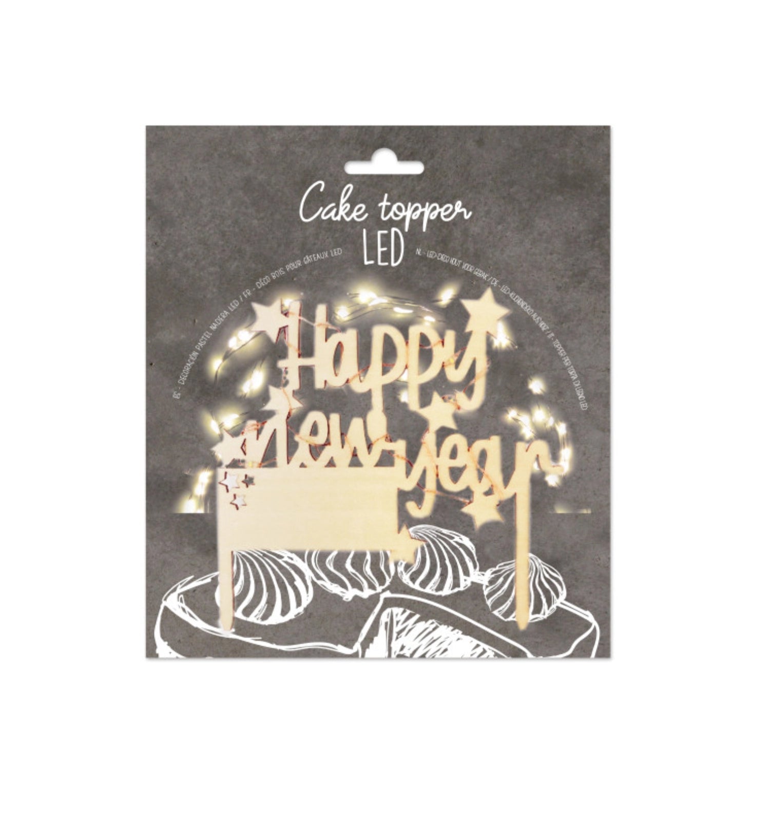 Funkelnder Cake Topper mit LED-Beleuchtung, der "Happy New Year" zeigt – perfekt für festliche Torten zu Silvester und besondere Feiern.