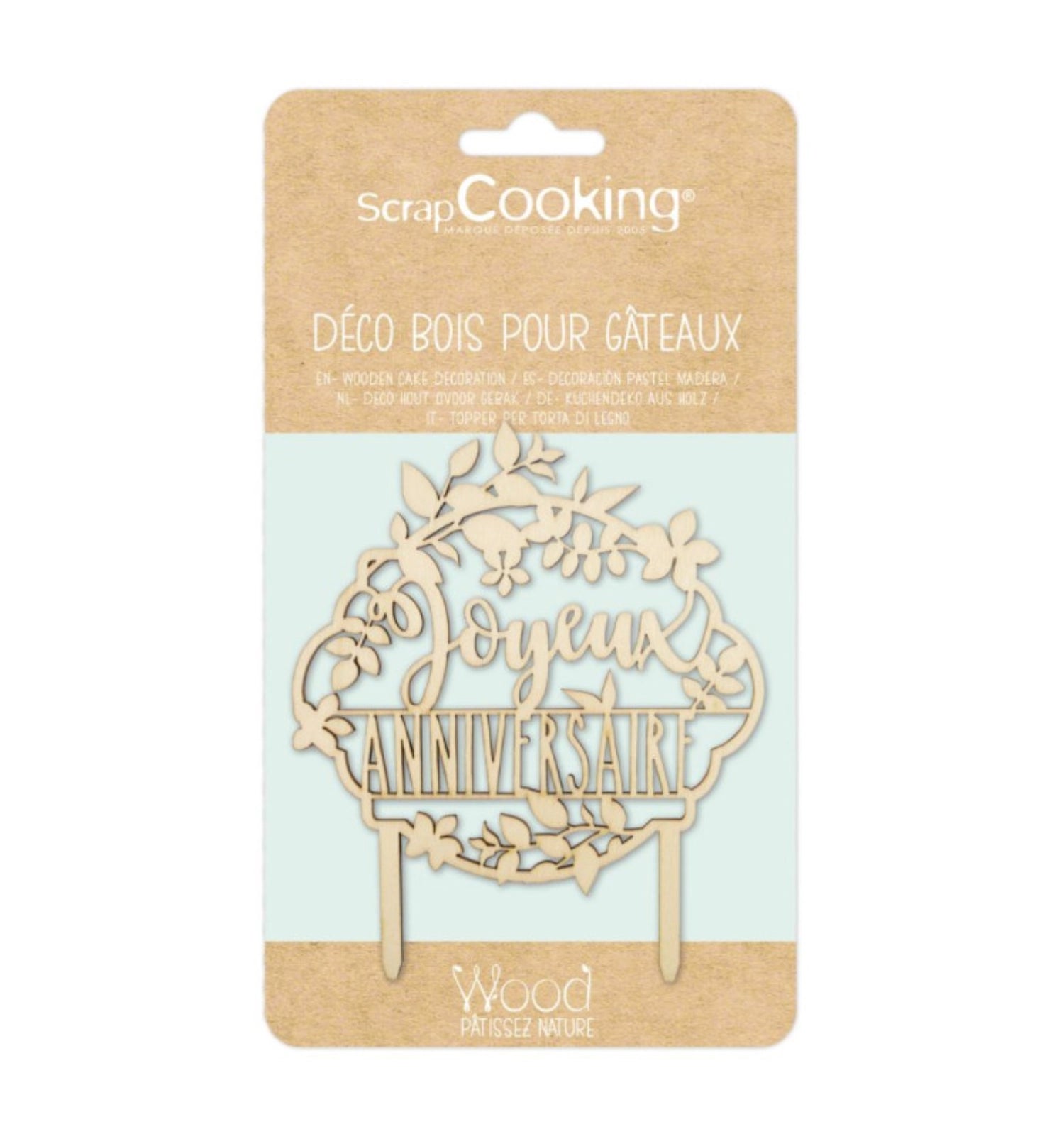Holz-Cake Topper "Joyeux anniversaire" von Scrap Cooking, ideal für festliche Torten und Geburtstagsfeiern, 30 cm lang und stilvoll gestaltet.
