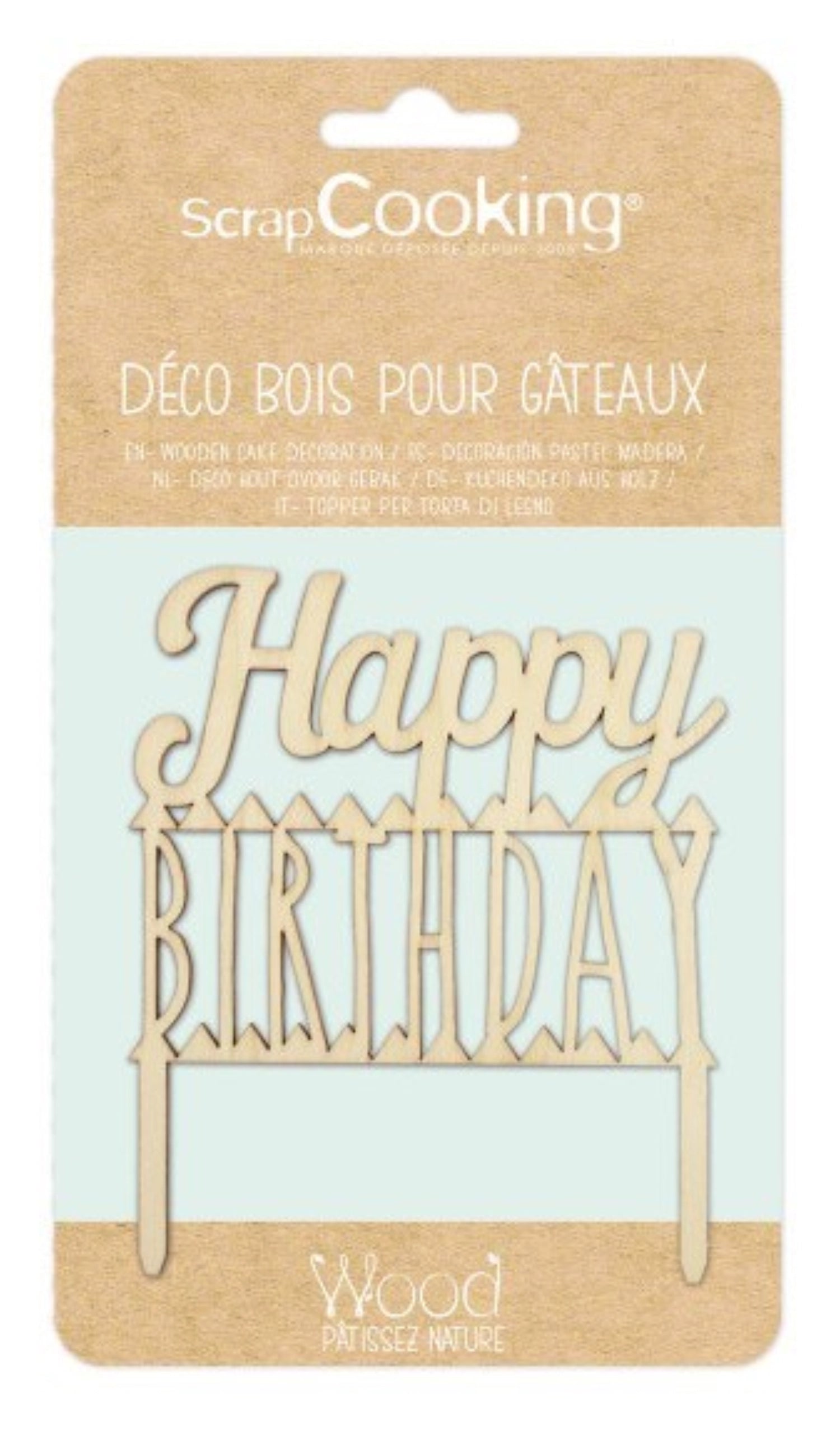 Eleganter Cake Topper aus Holz mit dem Schriftzug "Happy Birthday" von Scrap Cooking, ideal für Geburtstagskuchen und festliche Anlässe.