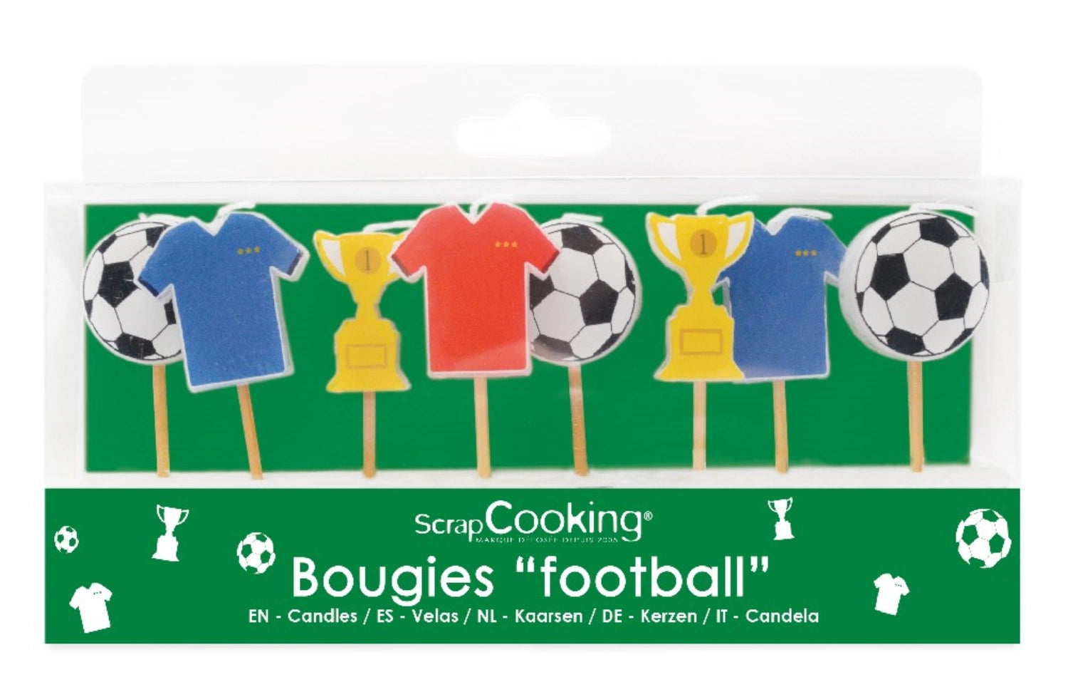 8-teiliges Set aus Fußball-Kerzen von Scrap Cooking, ideal für Fußballfans und festliche Anlässe, bringt Stimmung und Freude in jede Feier.