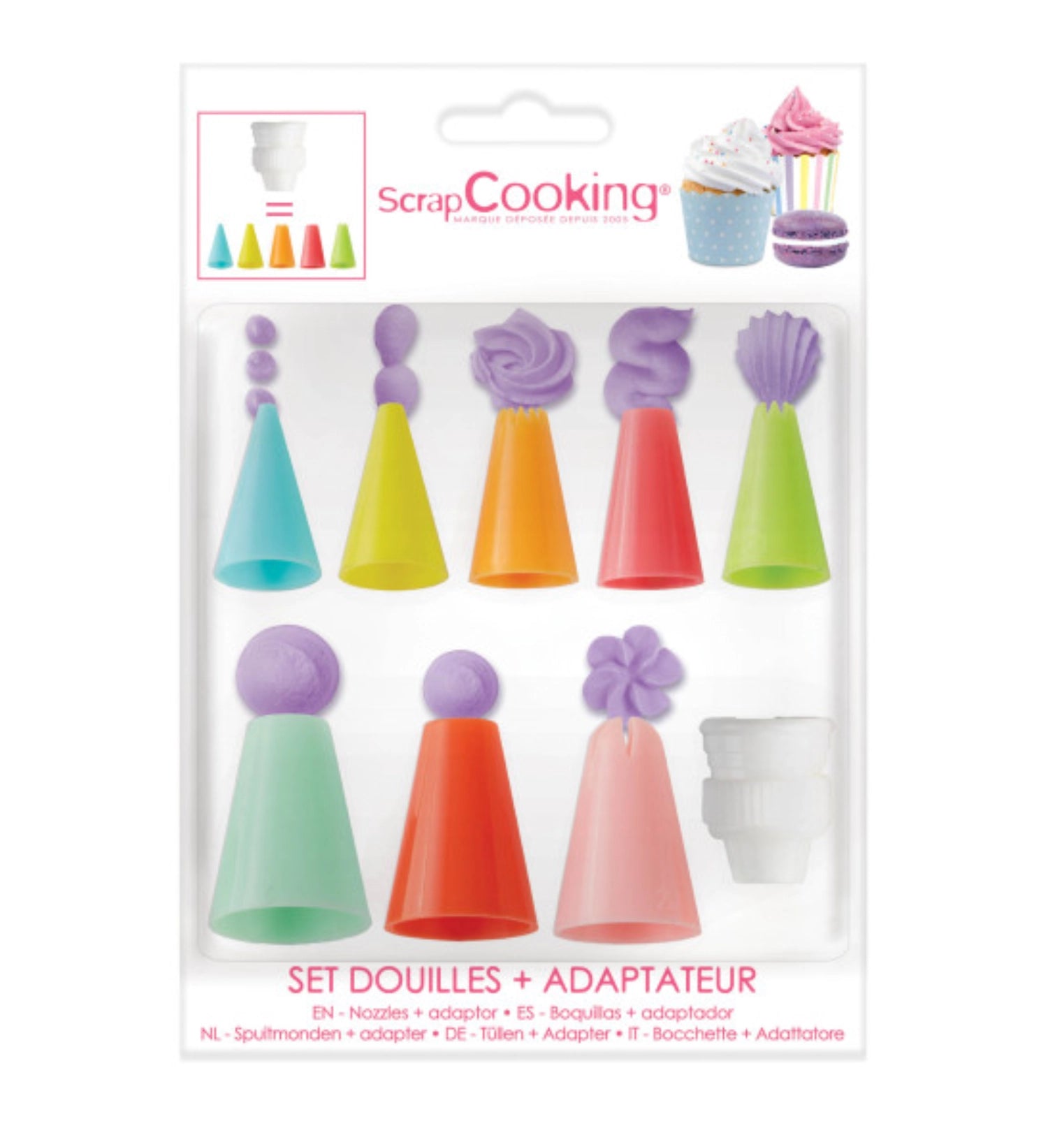 9-teiliges Set aus Spritztüllen mit Adapter von Scrap Cooking, ideal für kreative Tortendekoration und Backprojekte.