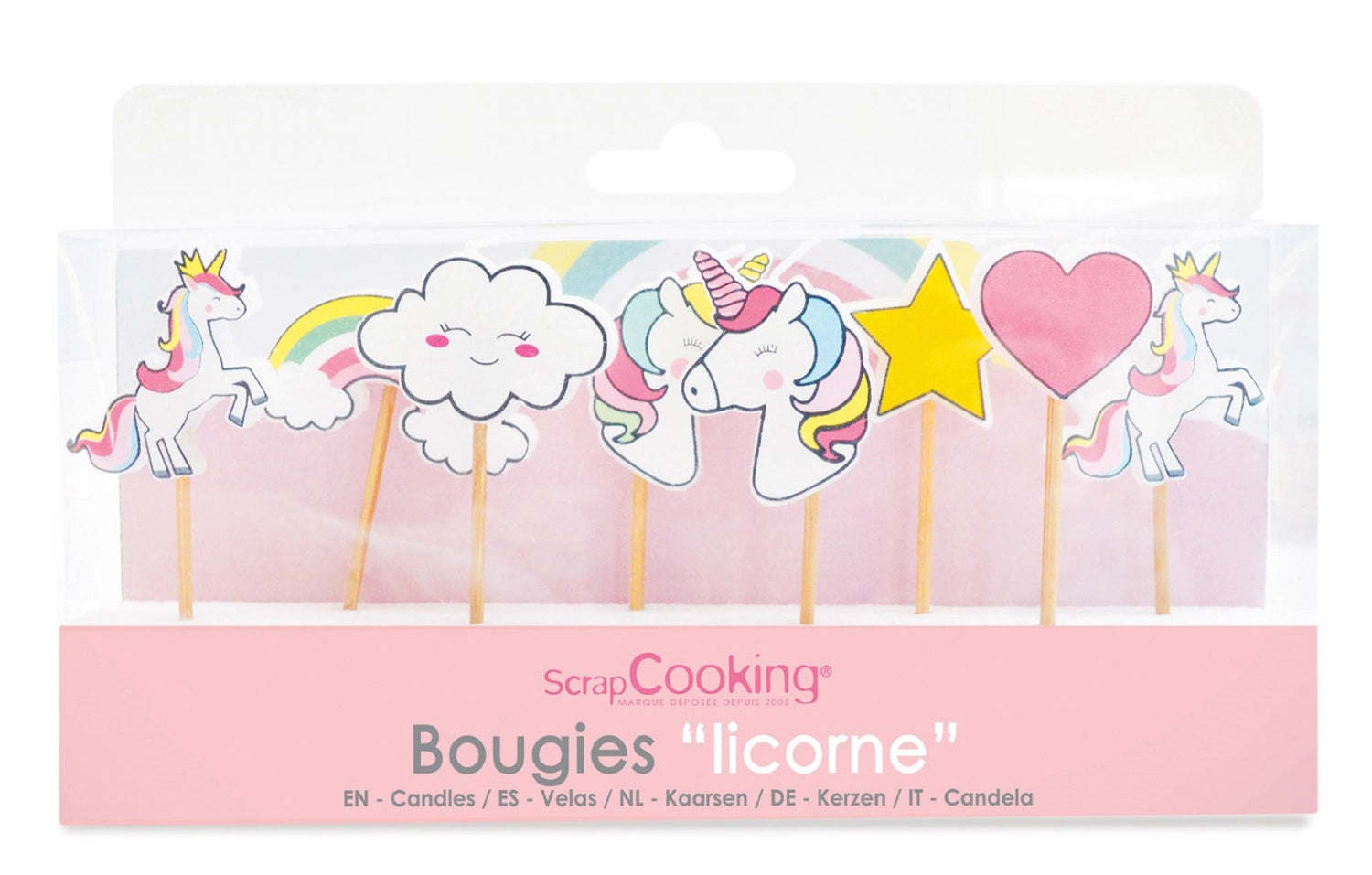 Set aus 8 zauberhaften Einhorn-Kerzen von Scrap Cooking, perfekt für magische Kindergeburtstagsfeiern und kreative Tortendekoration.