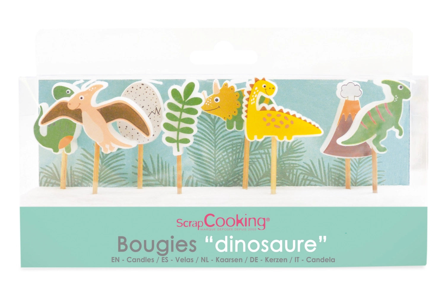 Set aus 8 bunten Dino-Kerzen von Scrap Cooking, ideal für Kindergeburtstage und kreative Feiern, um den Kuchen zu dekorieren.