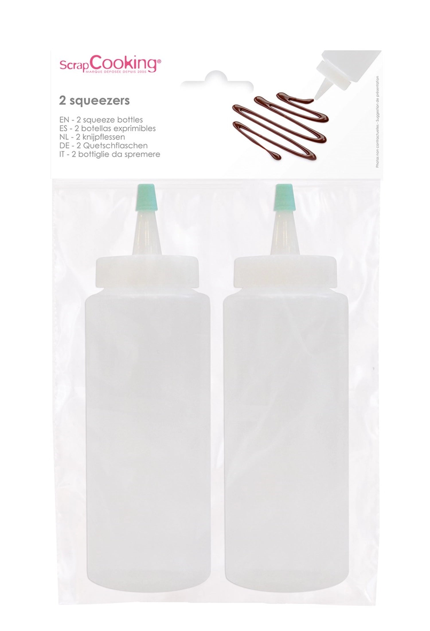 Zwei vielseitige Squeezer-Flaschen von Scrap Cooking, perfekt zum genauen Ausgießen von Saucen und zum kunstvollen Verzieren von Gerichten.