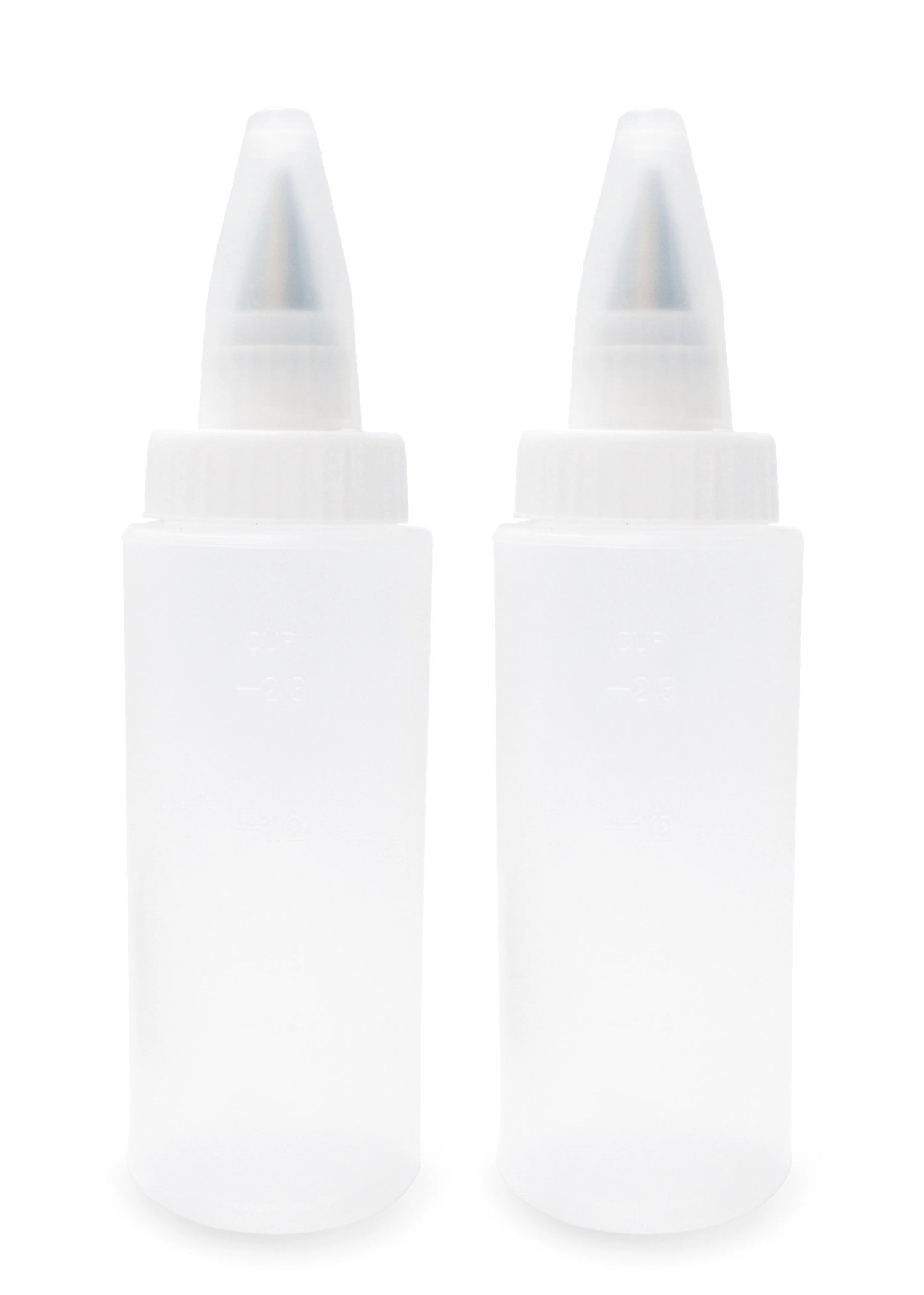 Praktisches 2er Set Quetschflaschen mit 2 Spritztüllen für Zuckerguss, ideal zum Dekorieren von Backwaren und für kreative Tortengestaltung.