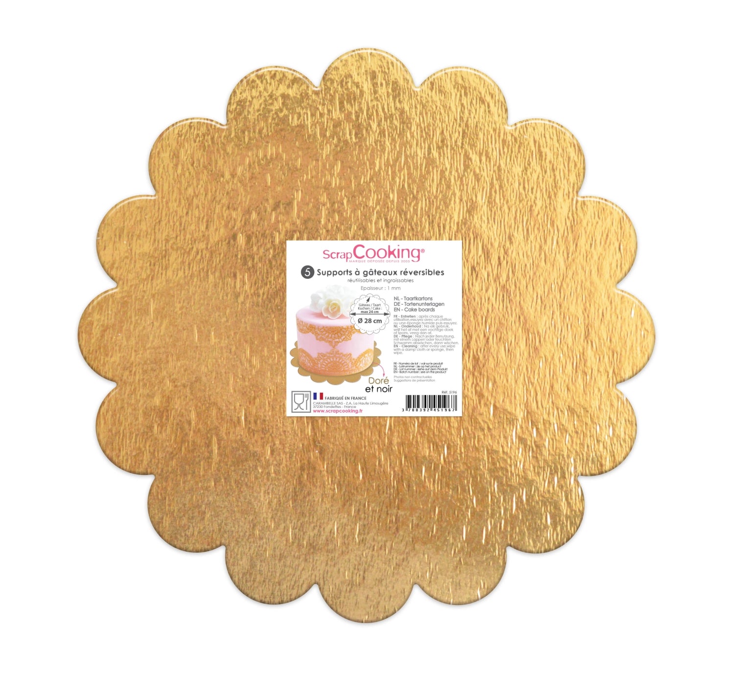Elegantes Set aus 5 Kuchenhaltern in Blumenform, gold und schwarz, Durchmesser 24 cm, perfekt für festliche Anlässe und kreative Tortendekoration.