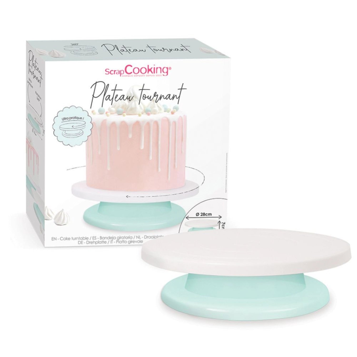 Eleganter drehbarer Kuchenständer mit 28 cm Durchmesser, perfekt für die stilvolle Präsentation von Desserts und Backwaren.