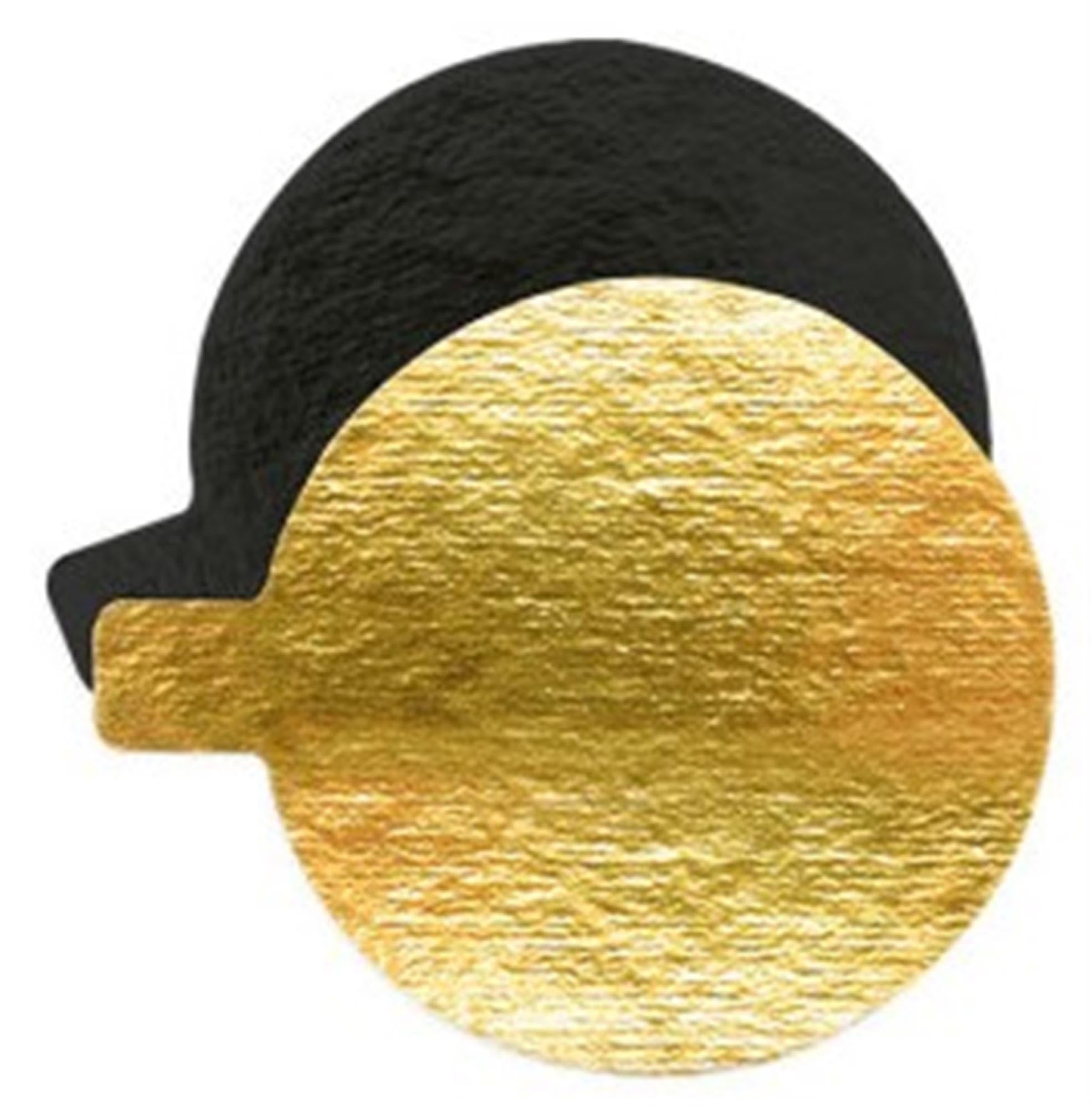 Stilvolles 10er Set Tortenhalter in Gold und Schwarz, 8 cm Durchmesser. Ideal für die ansprechende Präsentation von Desserts bei jedem Anlass.