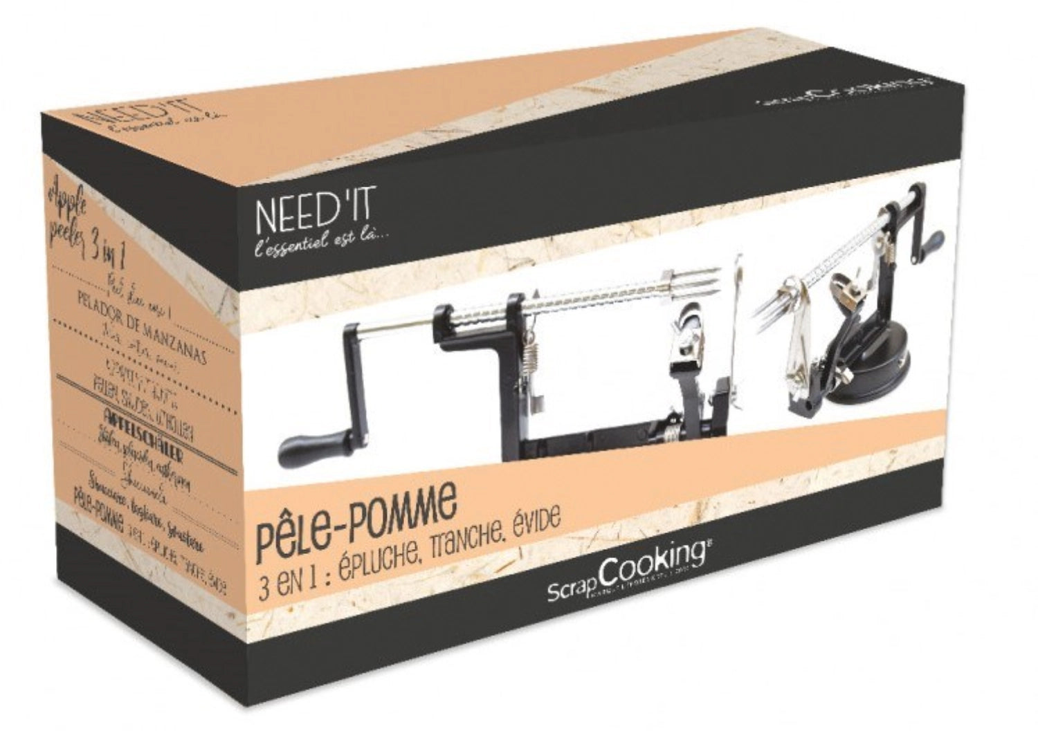 Praktischer 3-in-1 Apfelschäler in stilvollem Schwarz von Scrap Cooking, perfekt zum einfachen Schälen, Schneiden und Entkernen von Äpfeln.