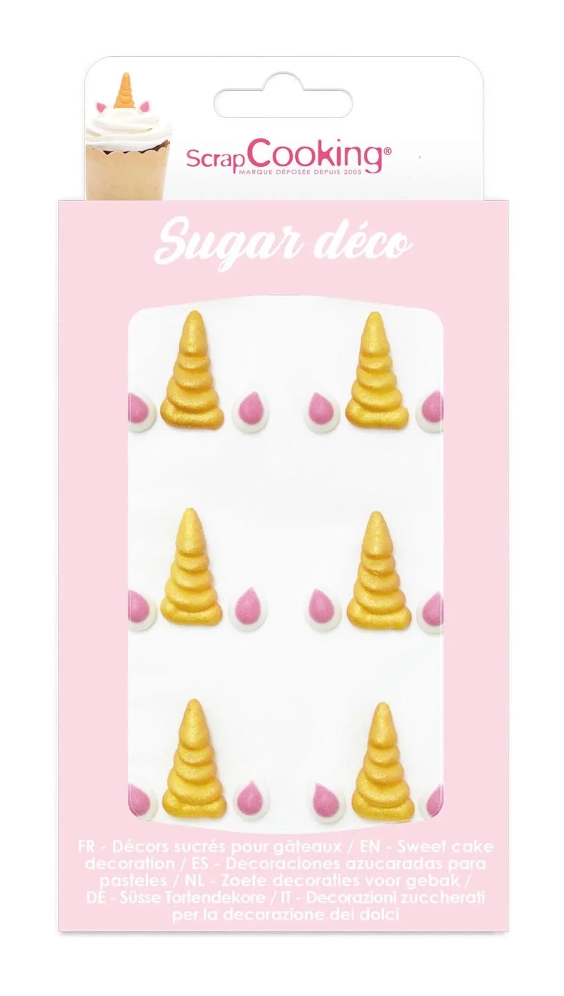 Verleihen Sie Ihren Desserts mit den 6 Deko Zucker Einhorn-Hörnern von Scrap Cooking einen magischen Touch. Perfekt für Cupcakes und Torten!