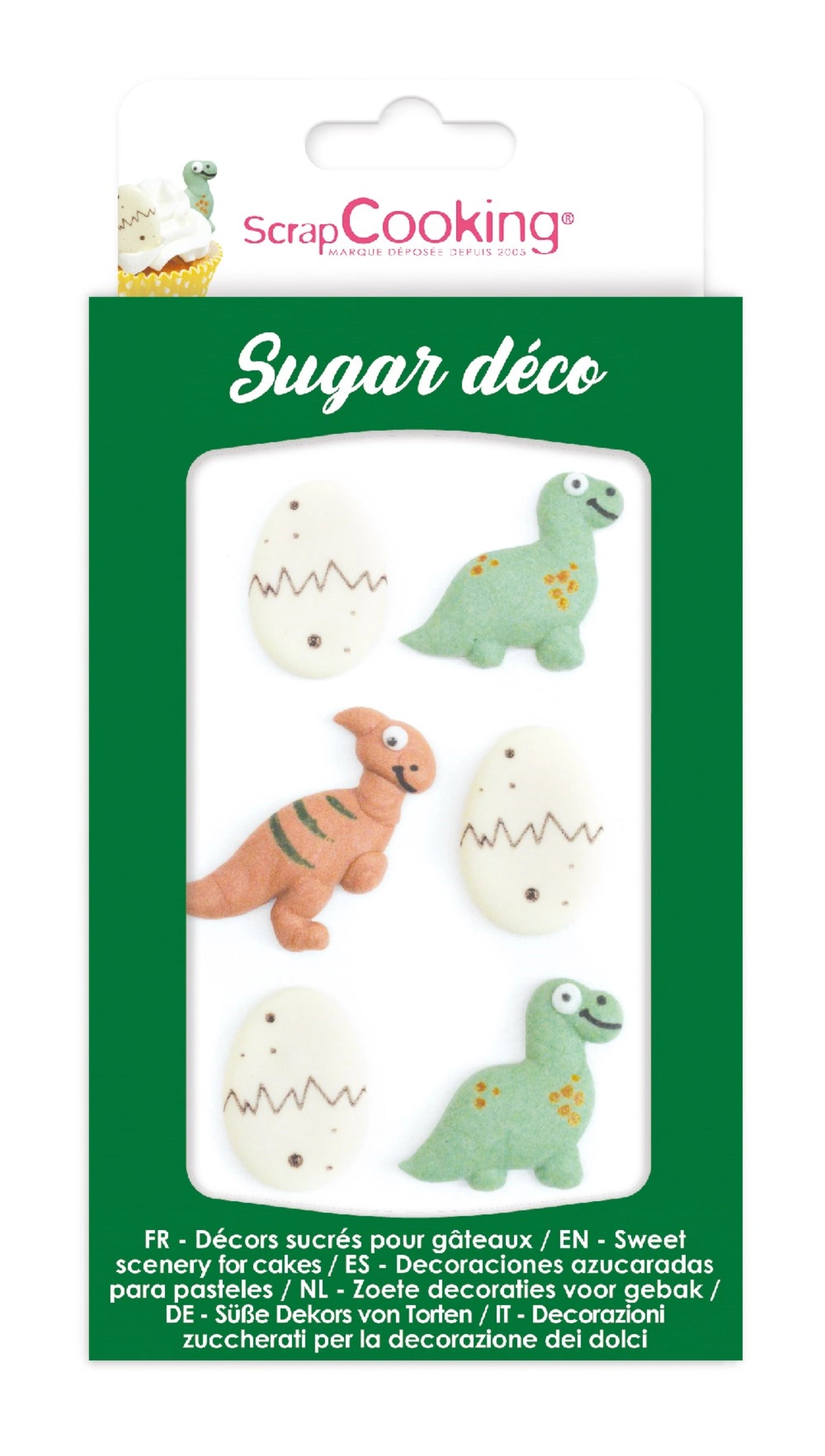 Sechs farbenfrohe Zuckerdeko-Dinos für fantasievolle Backkreationen, ideal zum Verzieren von Kuchen und Süßspeisen für Kindergeburtstage.