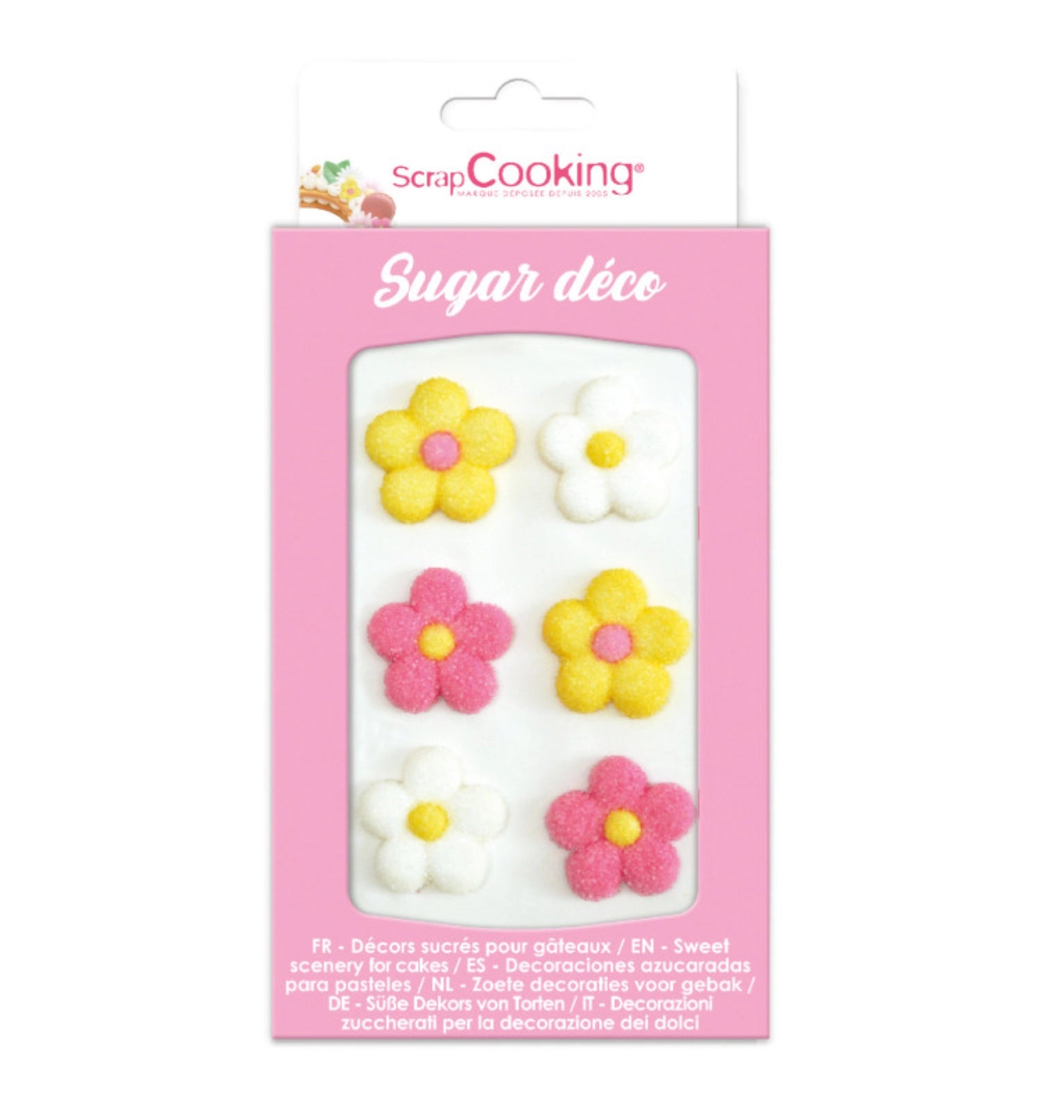 Sechs bunte Zuckerblumen für kreative Dekorationen, perfekt zum Verzieren von Torten und Desserts in verschiedenen Anlässen.