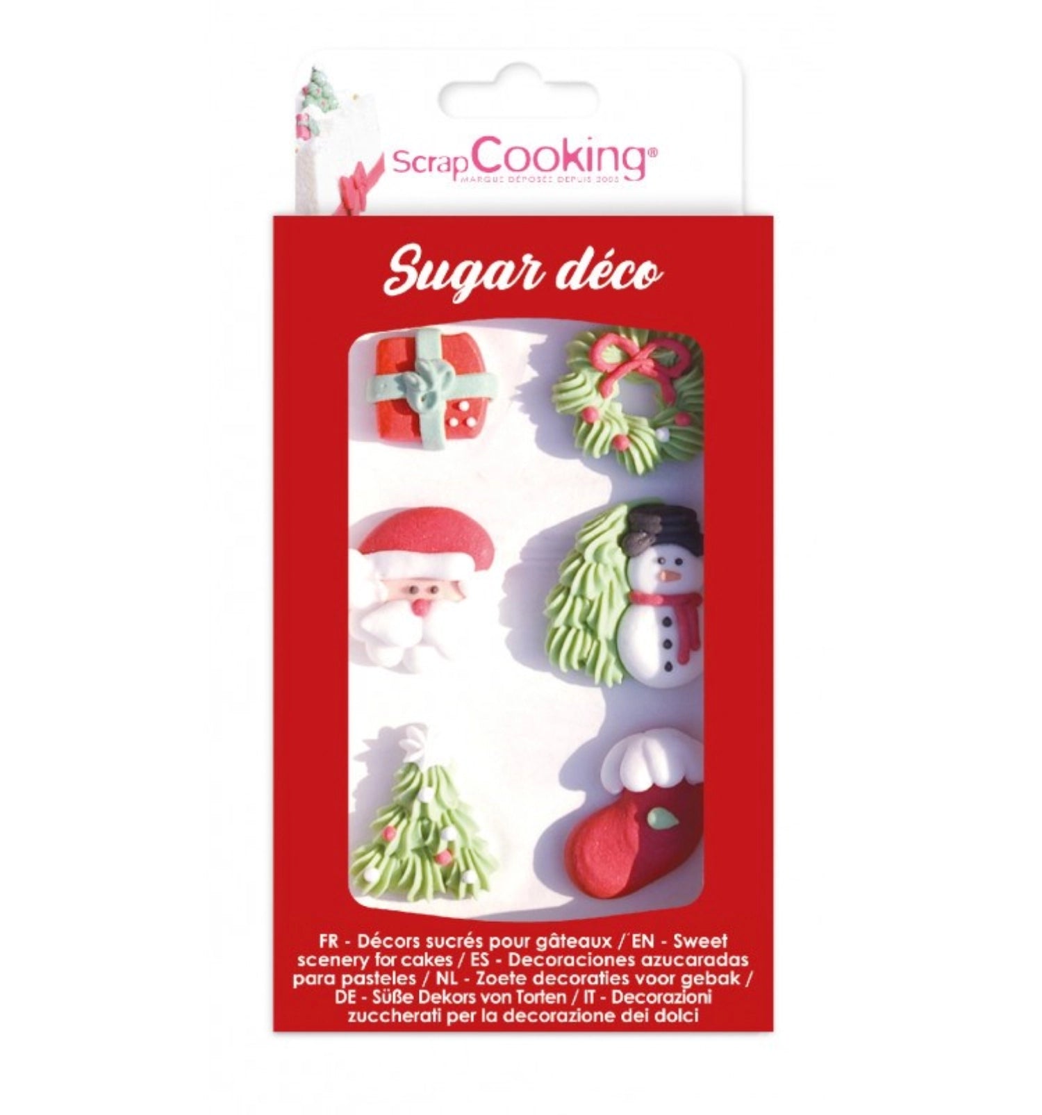 Sechs festliche Zucker-Dekorationen in lebendigen Farben, ideal für weihnachtliche Backkreationen und süße Überraschungen.