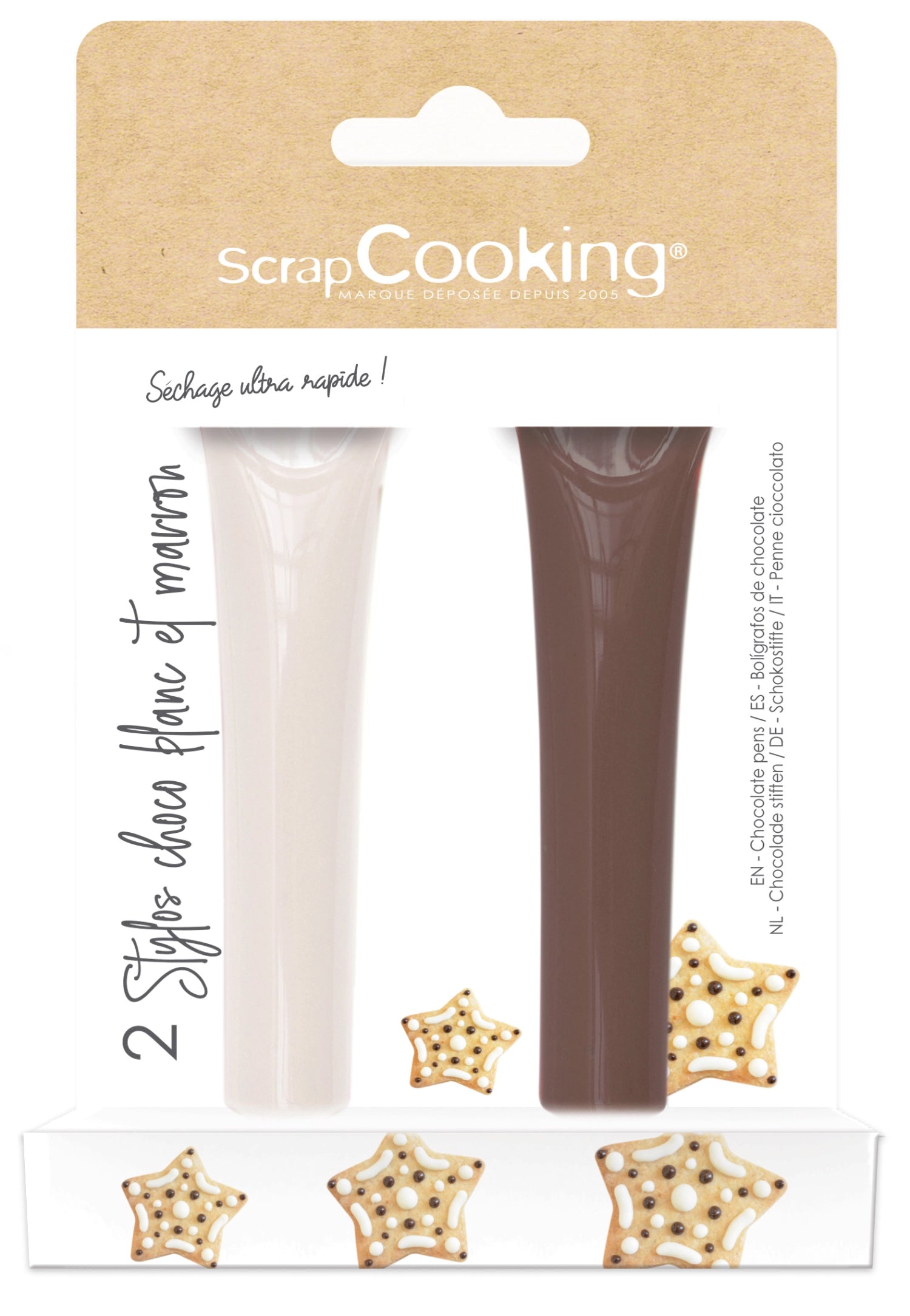 Zwei Schokostifte in Weiß- und Milchschokolade (je 25g) von Scrap Cooking, perfekt zum Dekorieren von Backwaren und Desserts.