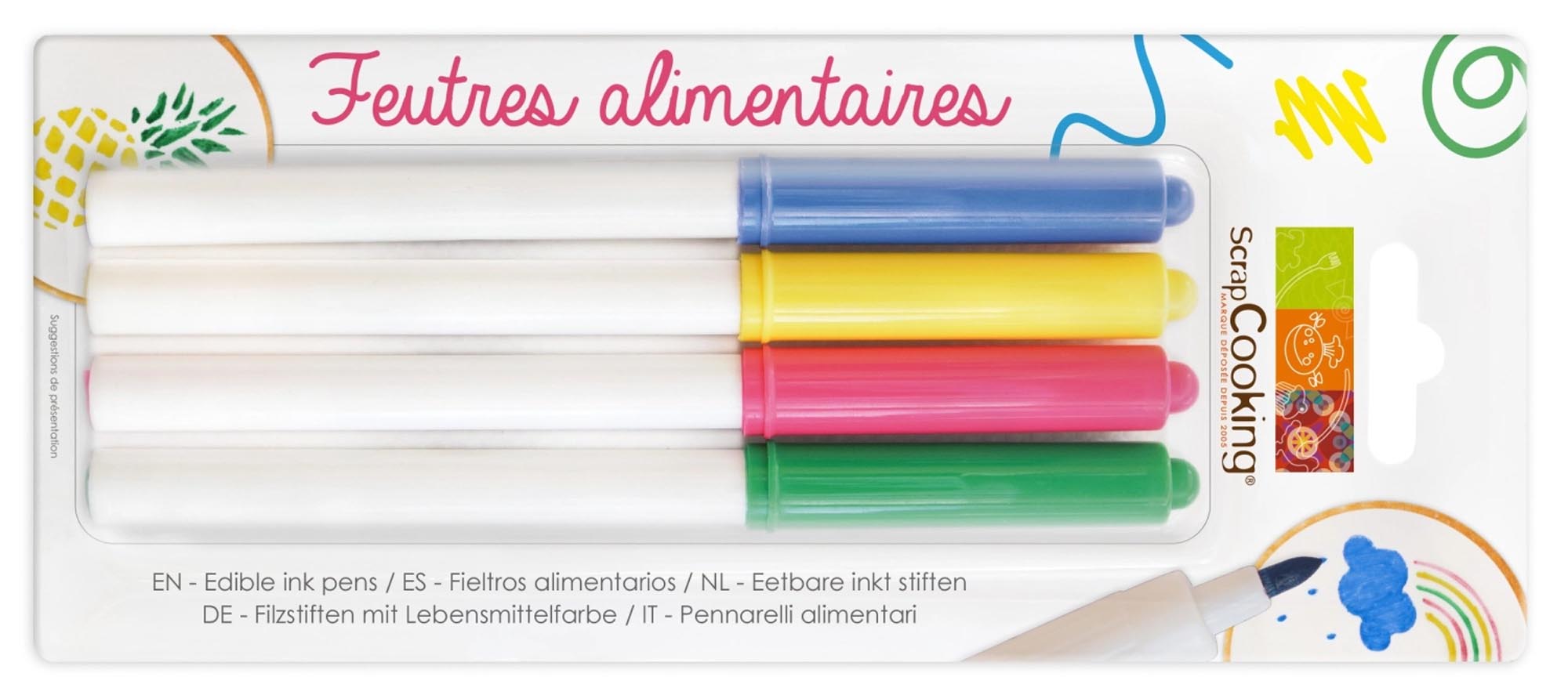 Lebensmittelstifte in Blau, Gelb, Pink, Grün für kreative Backkunst. Essbar, leuchtend, einfach zu reinigen. Perfekt für Kuchen & Kekse.