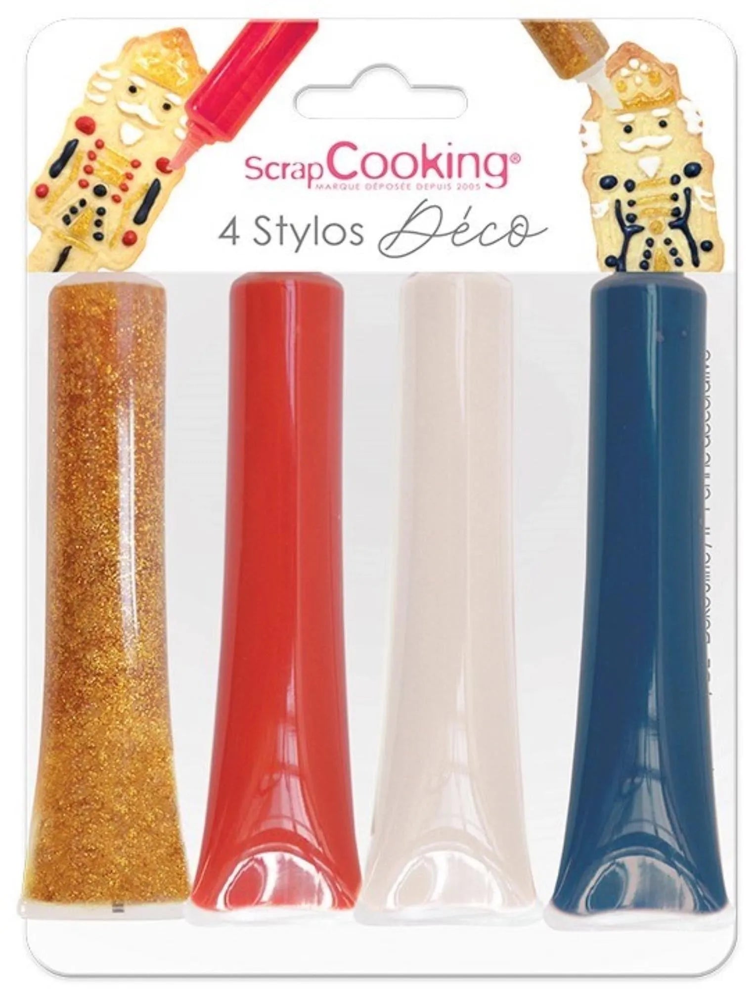 Verleihen Sie Ihren Backkreationen mit dem 4er Set Dekostift Nussknacker von Scrap Cooking in Blau, Weiß, Rot und Gold eine festliche Note.