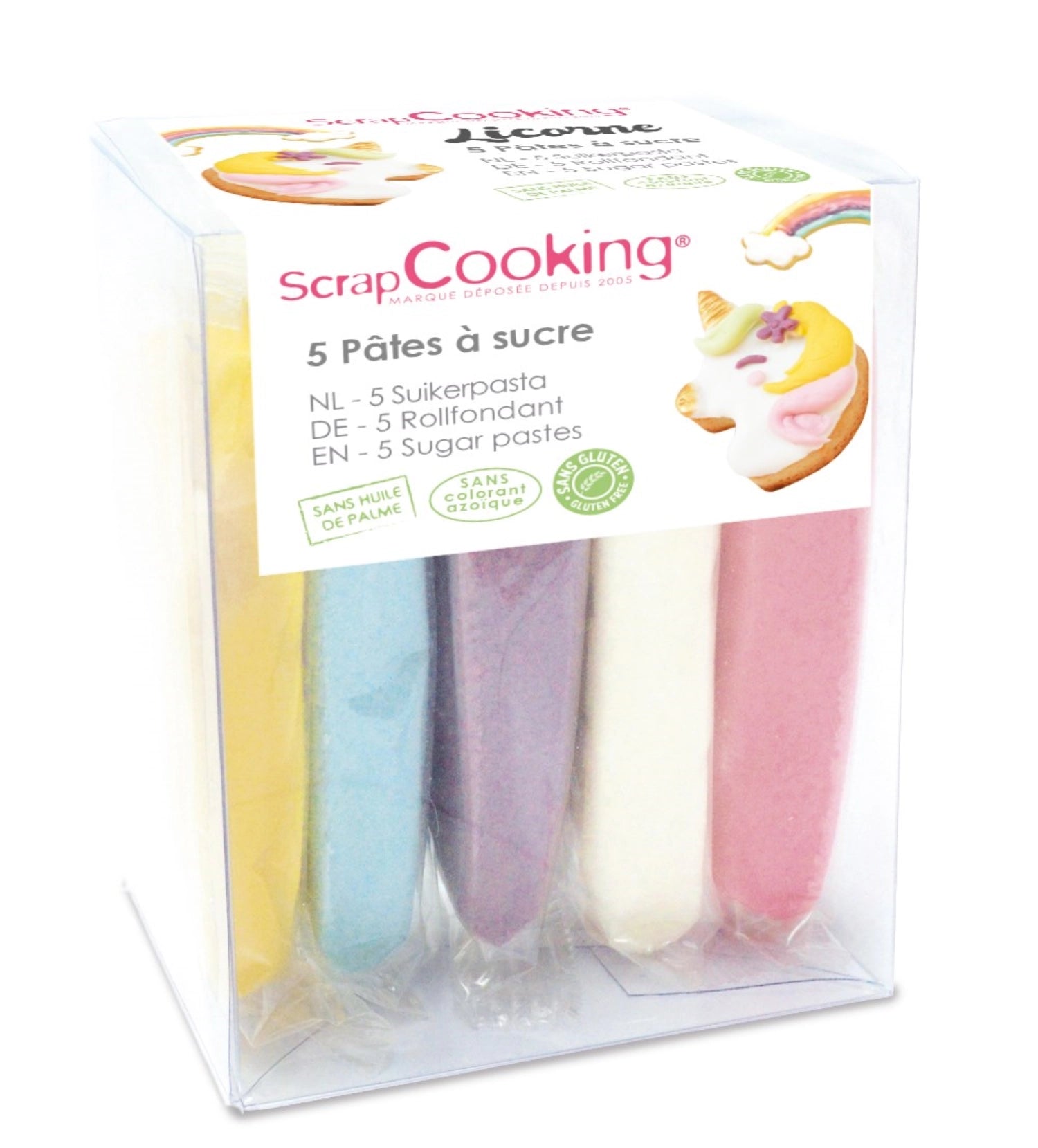 Buntes 5er Set Zuckerpasten in Einhorn-Design von Scrap Cooking, ideal zum Dekorieren von Kuchen und anderen süßen Kreationen.