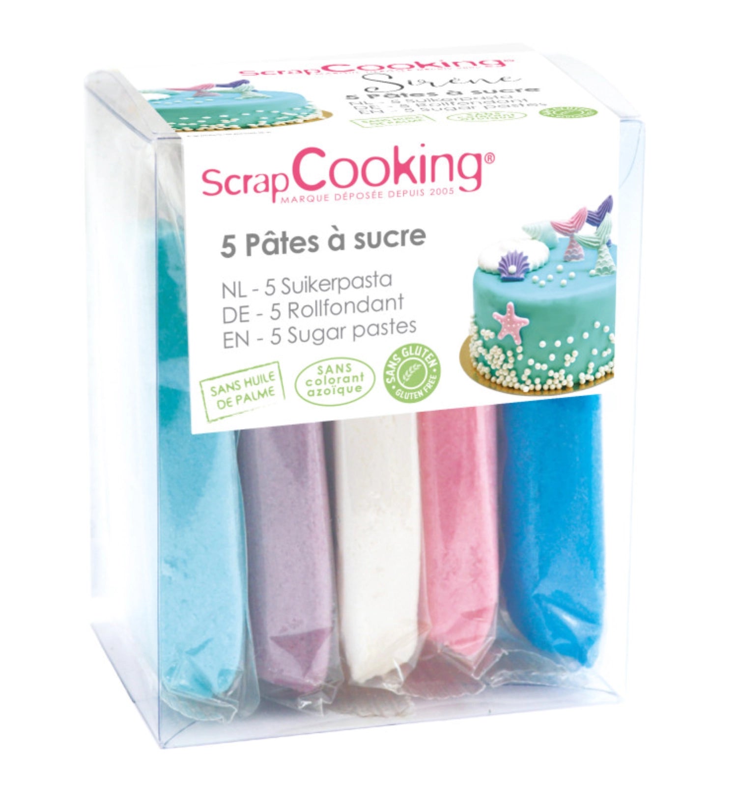 Buntes 5er Set Zuckerpasten in Fuchsia, Violett, Gelb, Grün und Blau, ideal für kreative Tortendekoration und Backideen.