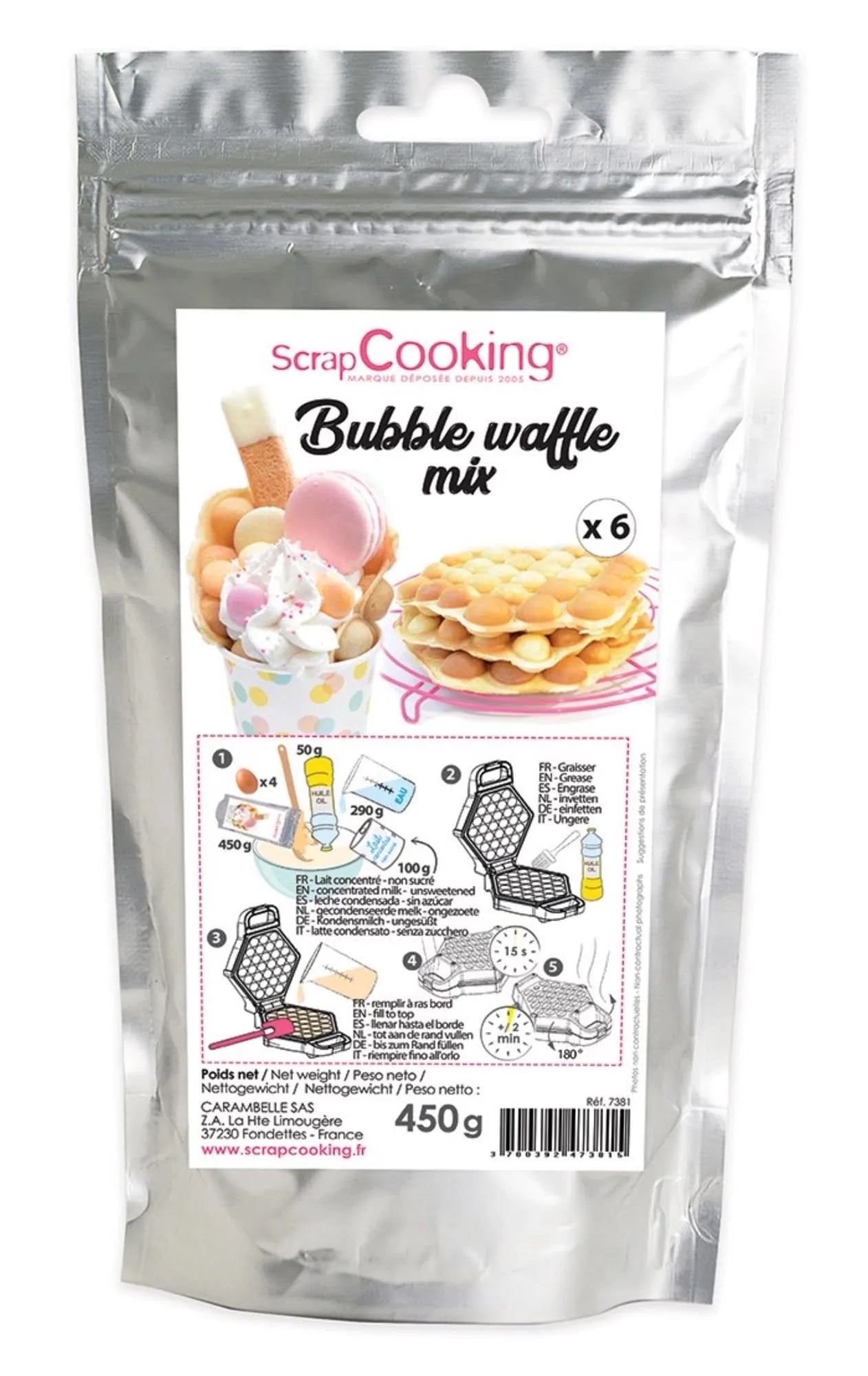 Bubble-Waffle Mix 450g von Scrap Cooking: Glutenfrei, einfach zuzubereiten, ideal für kreative, knusprige Waffeln.