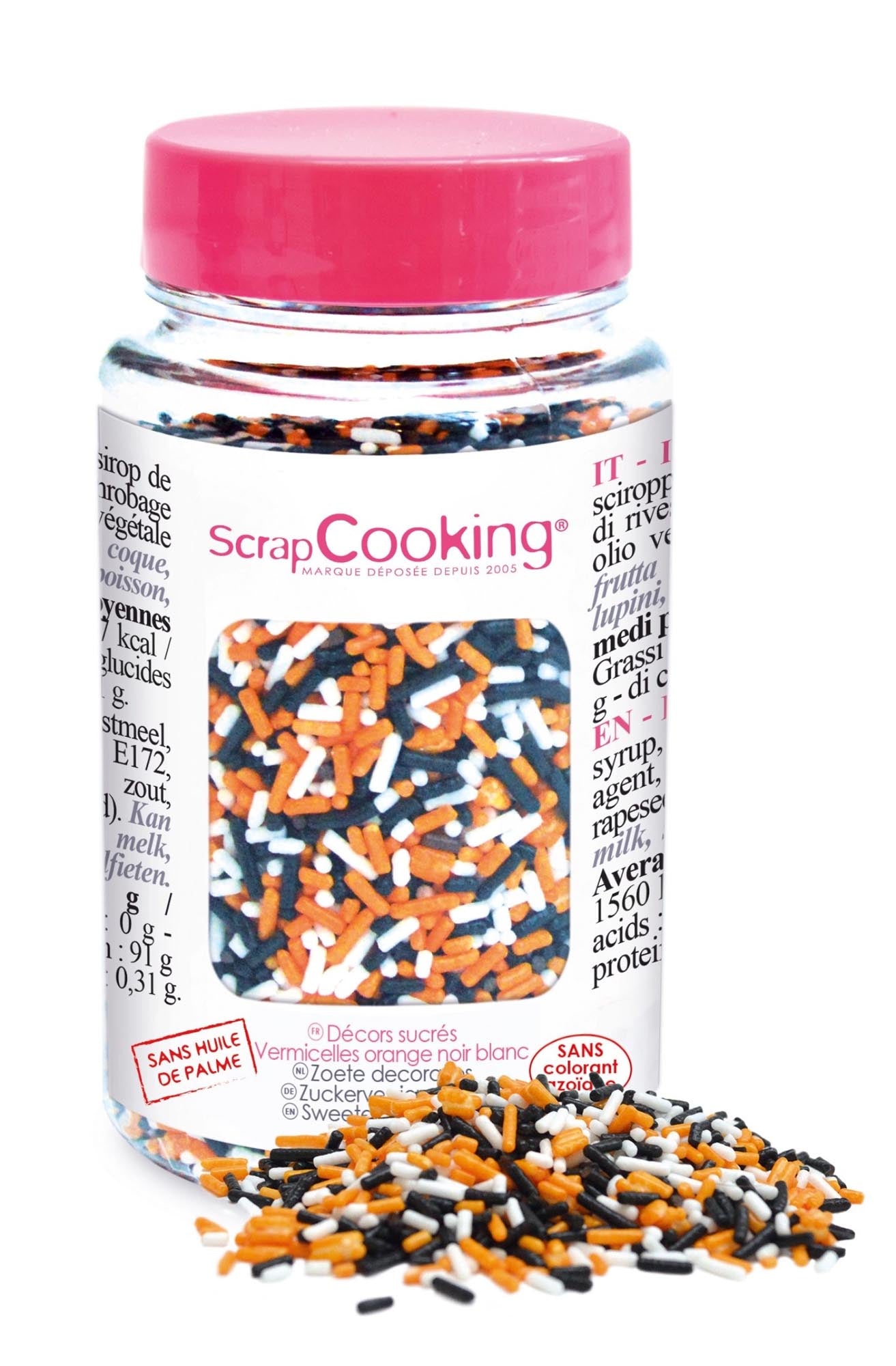Bunte Non-Pareilles von Scrap Cooking: Orange, Schwarz, Weiss – perfekt für Torten, Cupcakes und Kekse. Glutenfrei, ohne künstliche Farbstoffe.