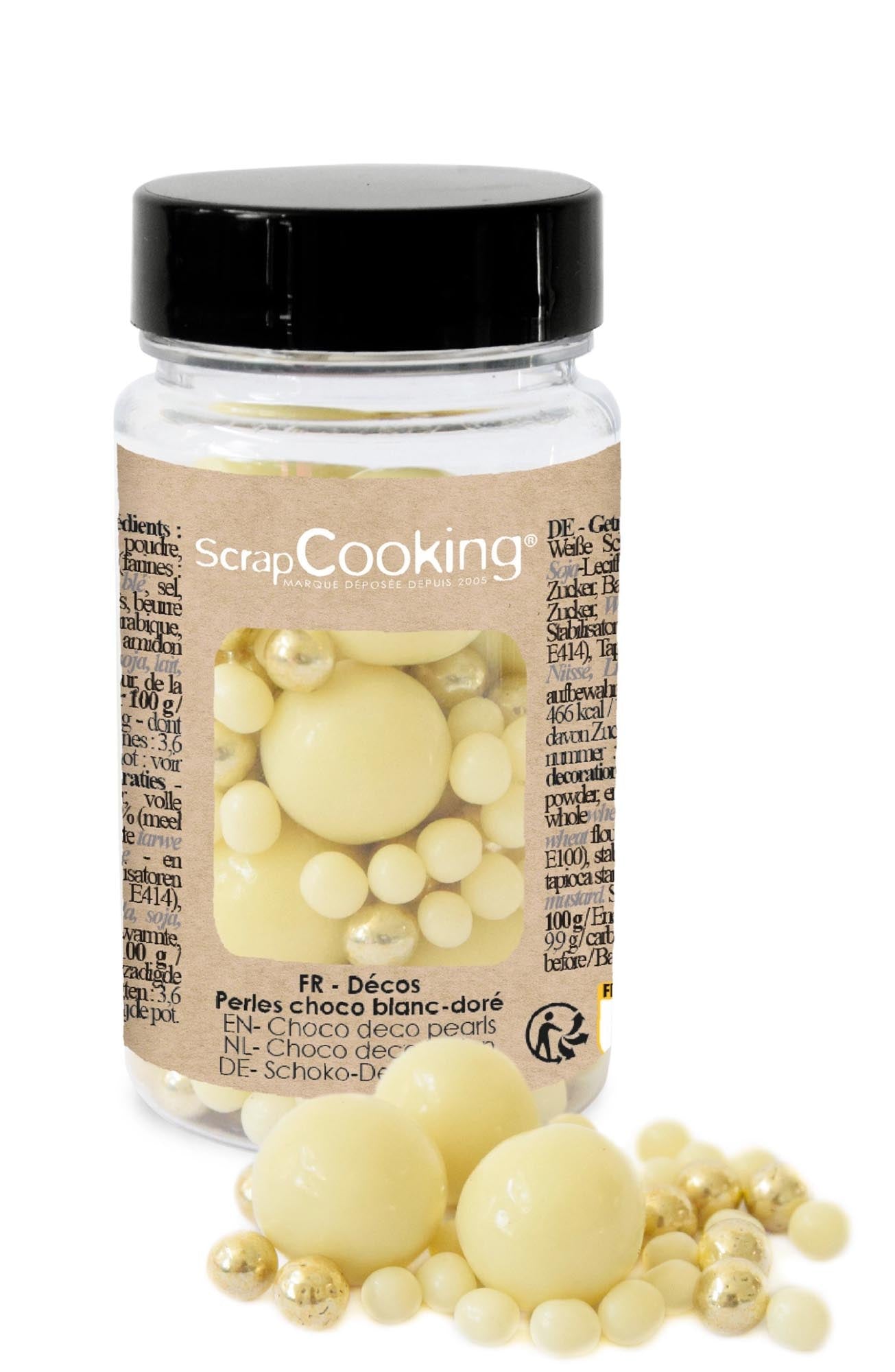 Veredeln Sie Ihre Backkreationen mit luxuriösen Deko Schoko Perlen aus weißer Schokolade und Gold von Scrap Cooking. Perfekt für festliche Anlässe!