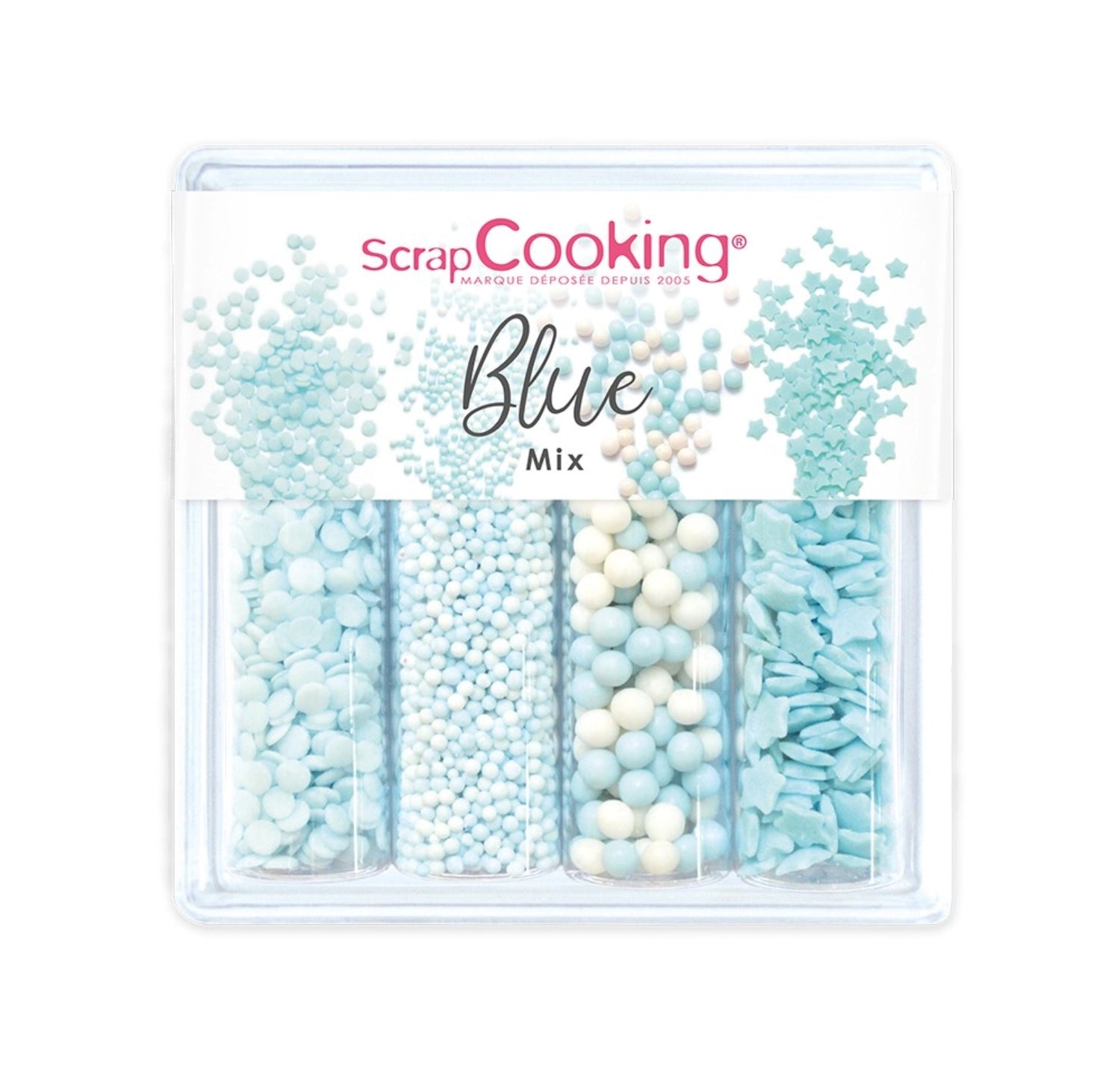 Buntes 4er Set Zuckerdekors in Blau von Scrap Cooking, perfekt zum Verzieren von Kuchen und Desserts für besondere Anlässe.
