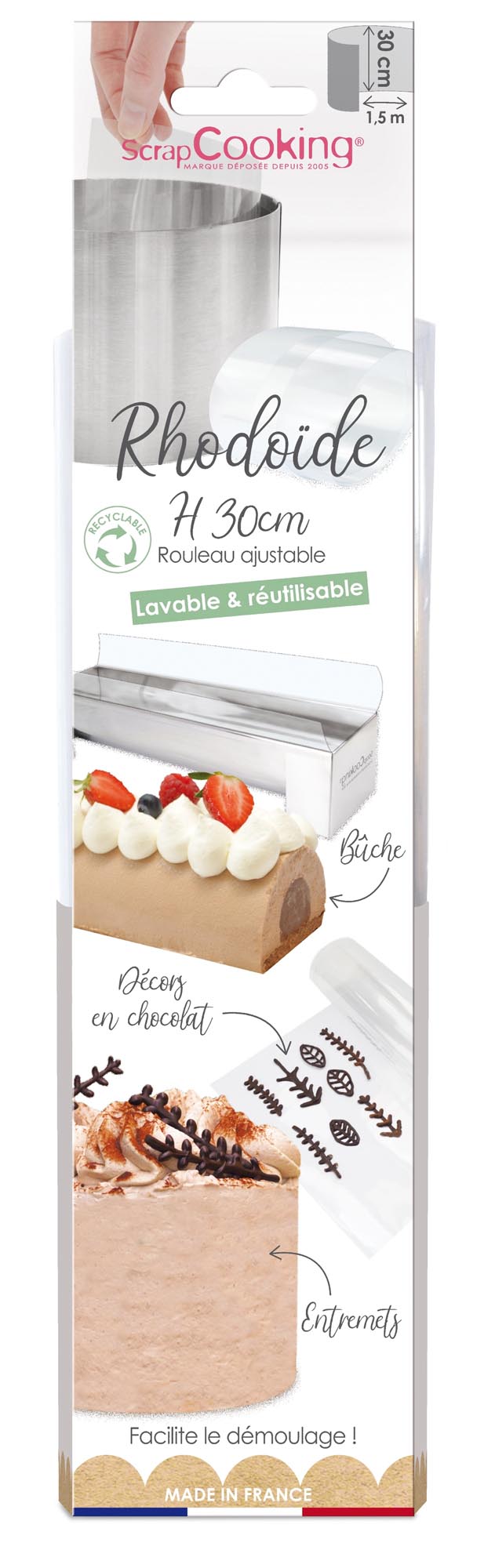 Entdecken Sie das Scrap Cooking Rhodoid Band (H30cm x L150cm) – ideal für hohe Torten, hitzebeständig, flexibel und leicht zu reinigen!