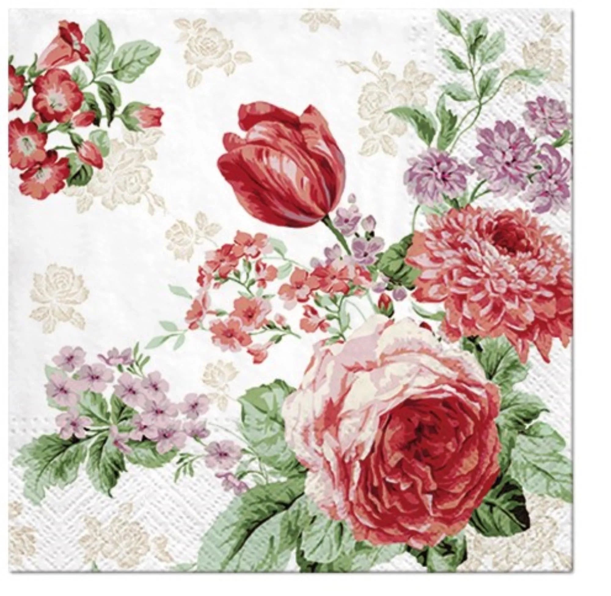 Elegante Servietten mit Rosenmuster in Rot/Lila, 33x33cm, von PAW Decor Collection. Ideal für festliche Anlässe und stilvolle Tischdekoration.