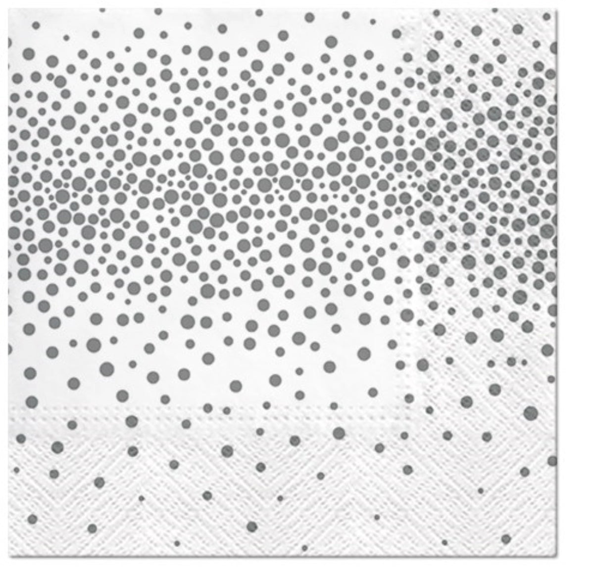 Weisse Papierserviette mit silbernem Konfetti-Muster, quadratisch gefaltet, Grösse 33x33cm, Material Papier/Karton, Hersteller PAW.