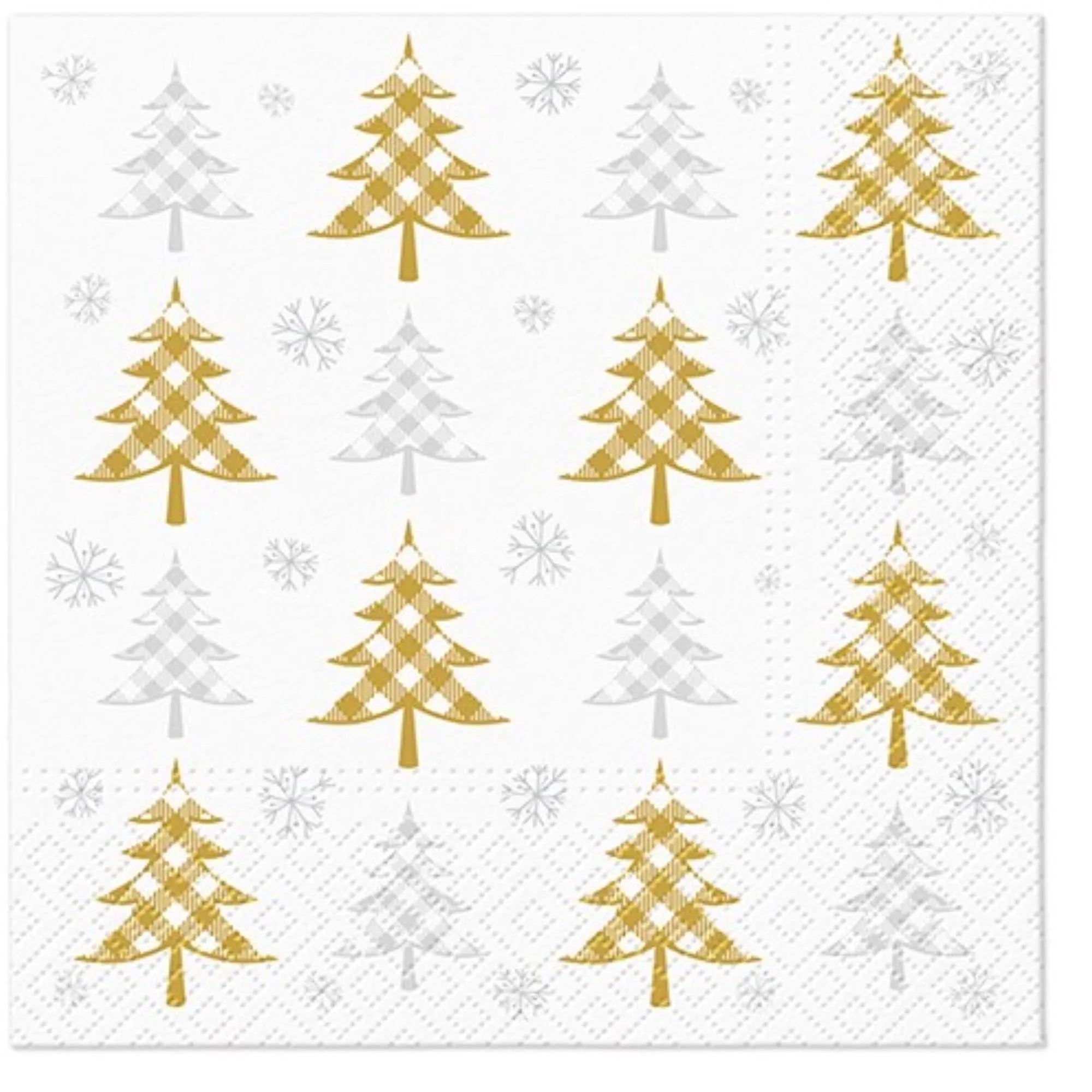 Elegante Servietten mit gold-silbernen Weihnachtsbaum-Motiven, 33x33 cm, ideal für festliche Anlässe. Hochwertig und stilvoll.