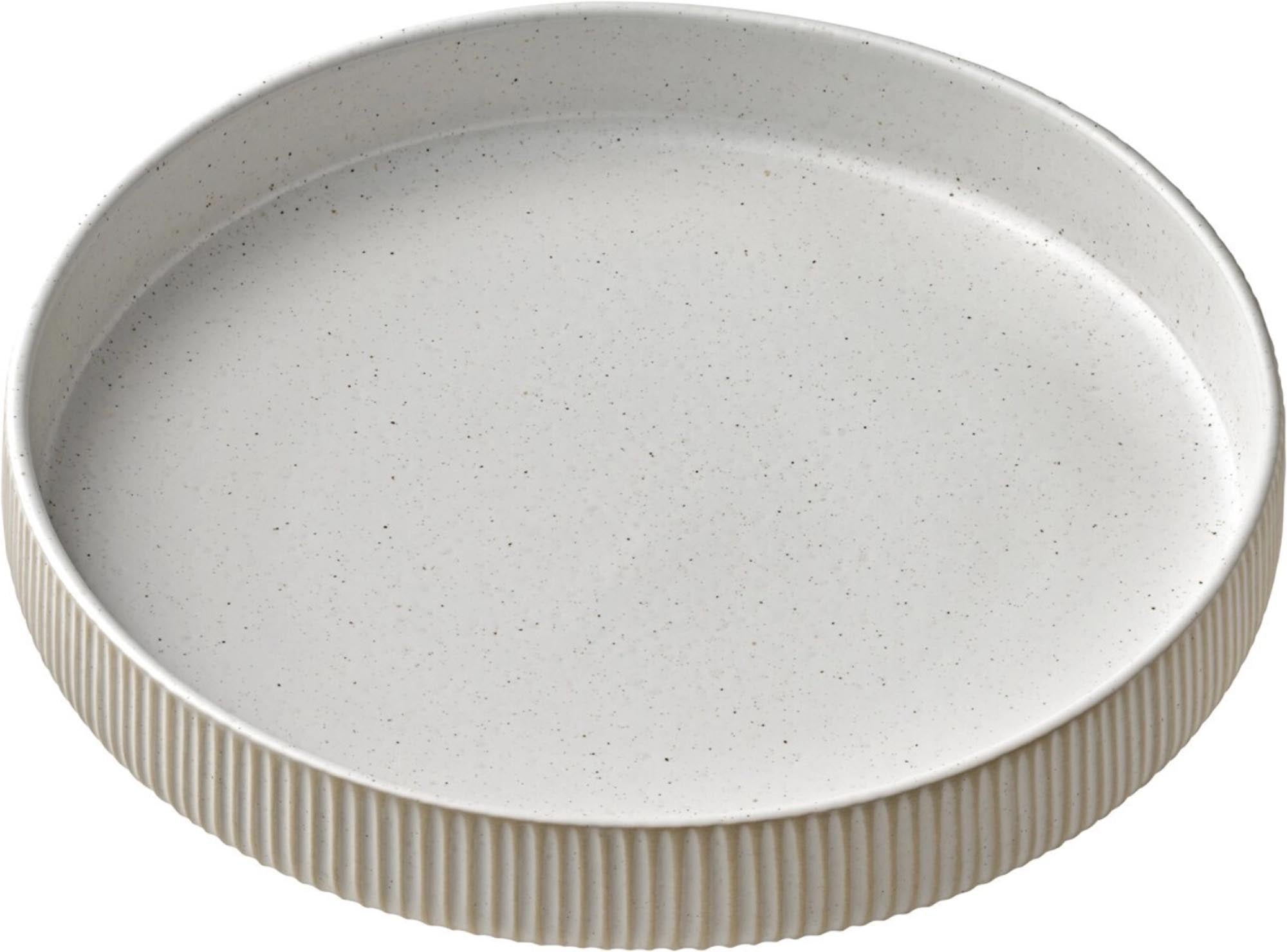 Eleganter, weisser Steinzeugteller mit Relief, 24cm, ideal für Suppen und Pasta. Spülmaschinen- und mikrowellengeeignet.
