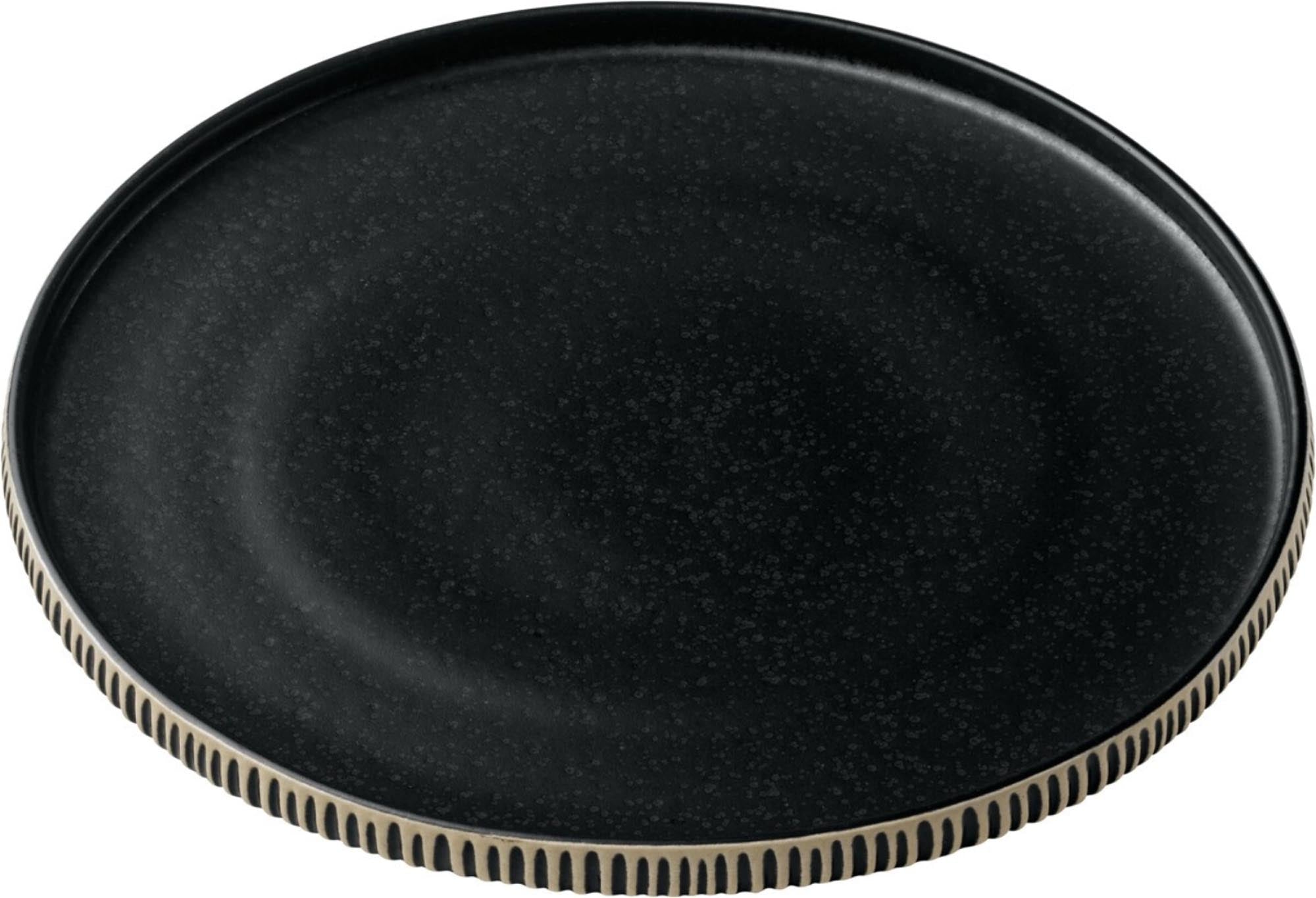 Eleganter Teller aus Steinzeug, schwarz-weiss, 27cm. Ideal für Restaurants, robust, spülmaschinenfest, zeitloses Design.