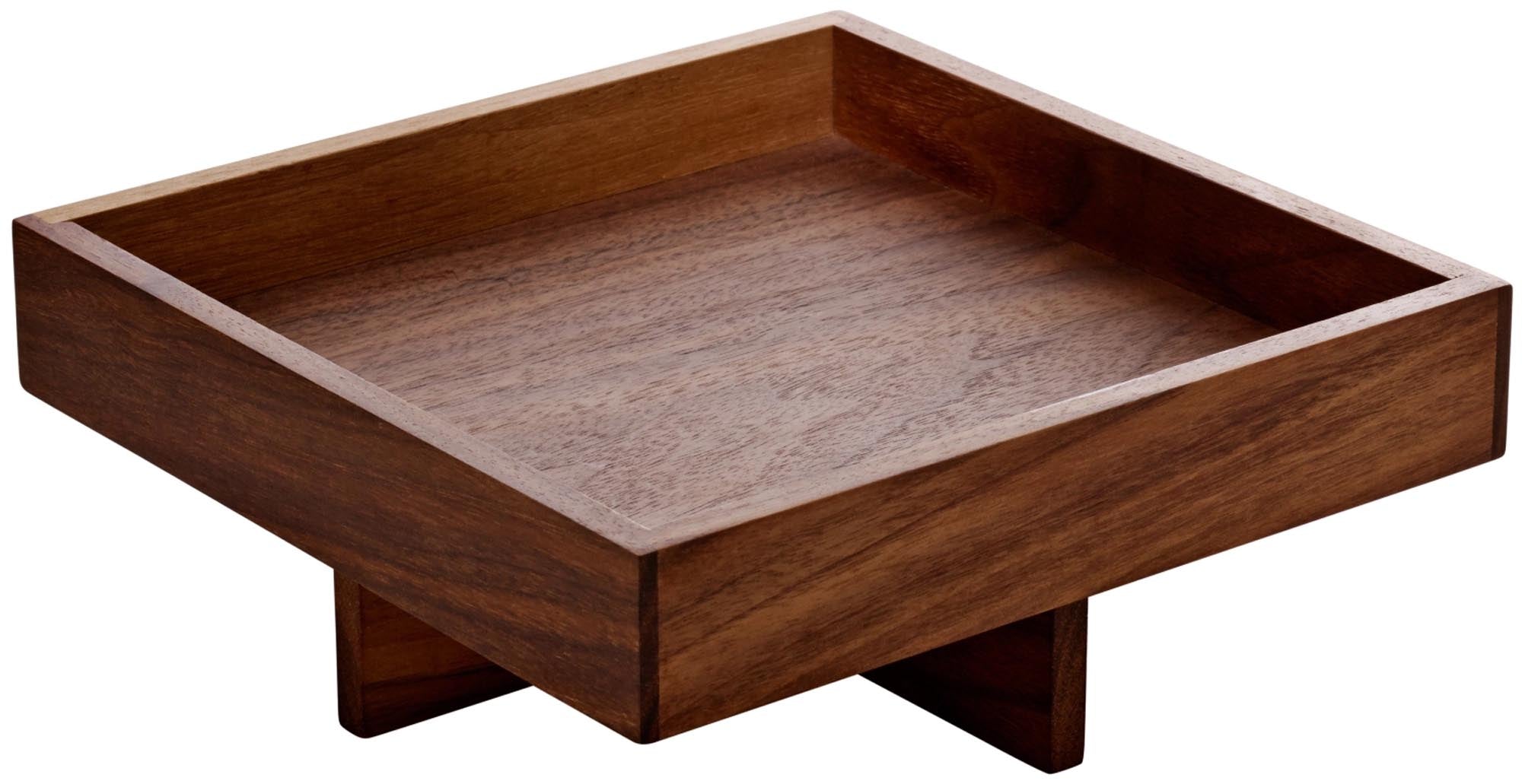 Elegantes Nussbaum-Tablett 18x18cm auf 4cm Fuss, ideal für Snacks & Deko. Hochwertig, robust, pflegeleicht. Stilvolles Design von Schönwald.