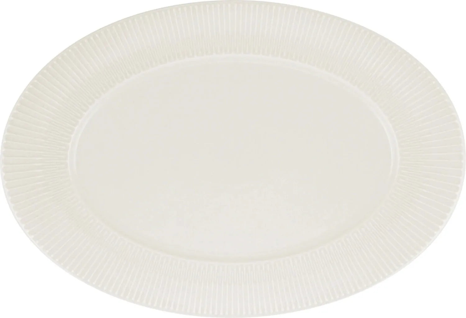 Elegante, ovale Porzellanplatte mit Fahnenrelief, 38x27cm, kratzfest, spülmaschinen- und mikrowellengeeignet.
