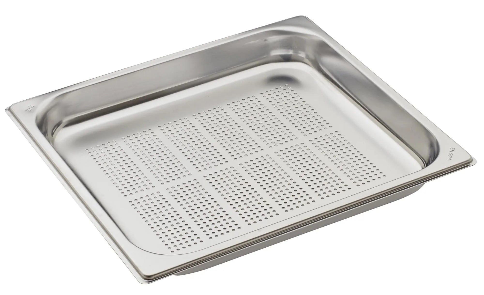 Robuster GN Behälter 2/3 40 aus 18/10 Edelstahl, gelocht für optimale Luftzirkulation, 35.4x32.5cm, H4cm, ideal für Gastronomie.