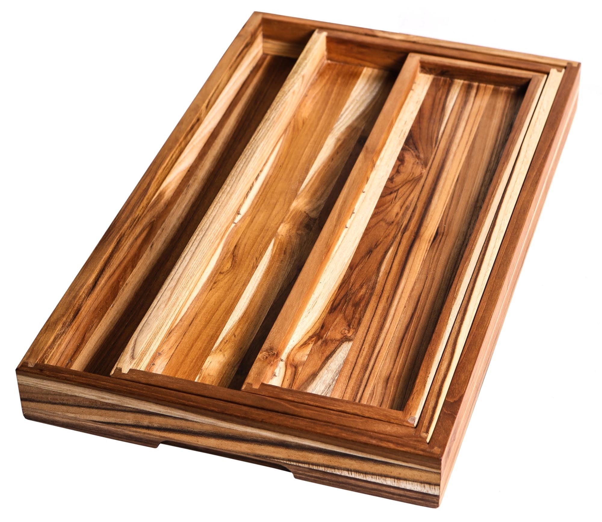 Teak Serviertablett m. Haltegriff,m. 3 Tabletts, 51x30.5x5cm