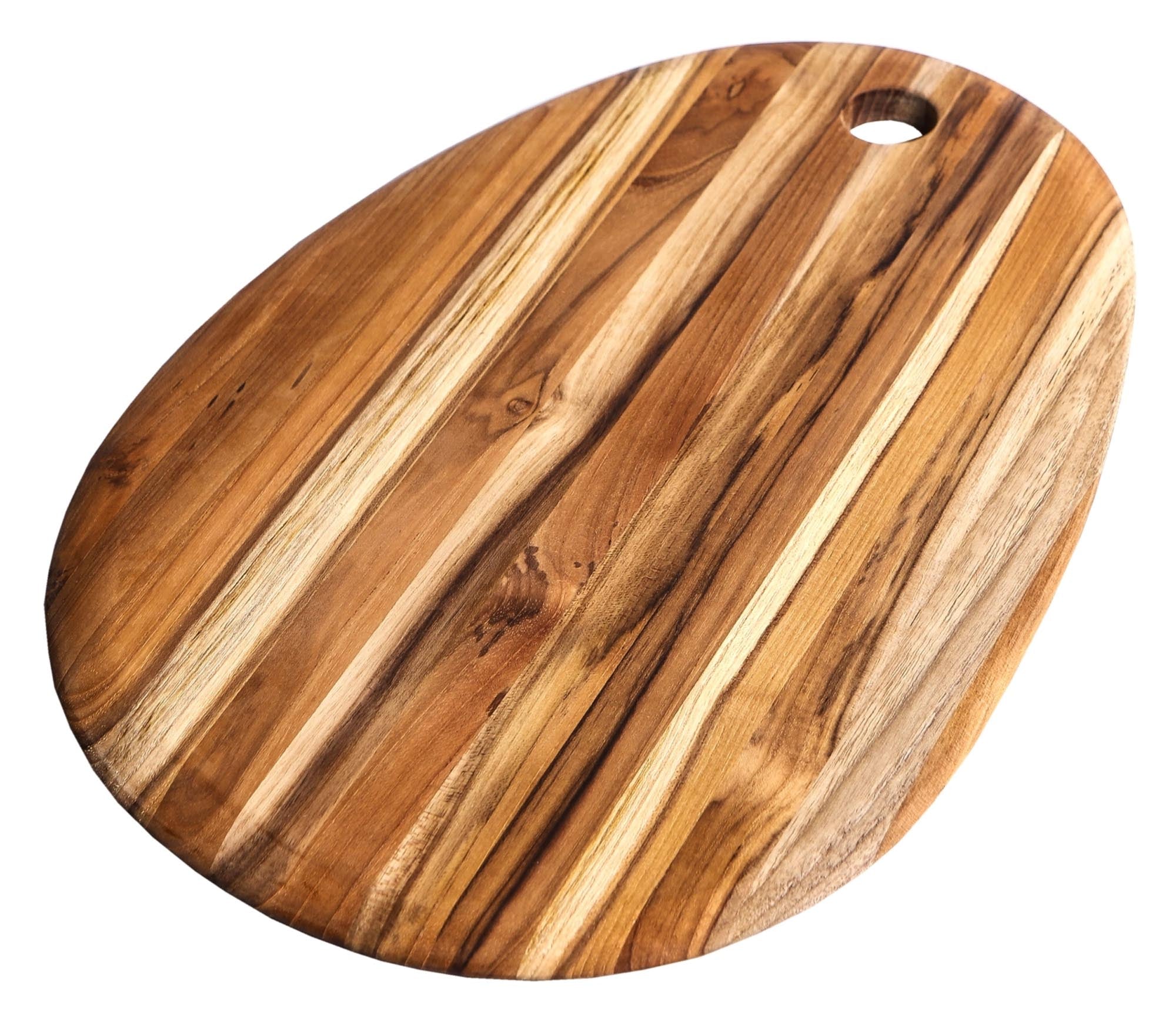 Ovales Teak Schneidebrett 47x31x1.5 cm, robust, langlebig, mit Loch für einfache Aufbewahrung, ideal zum Schneiden und Servieren.