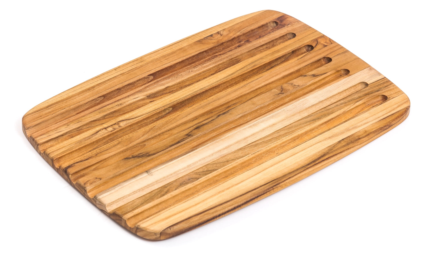Hochwertiges Teakholz-Brotbrett, 40.5x28x1.4 cm, ideal zum Servieren und Schneiden, vereint Funktionalität mit natürlicher Schönheit.
