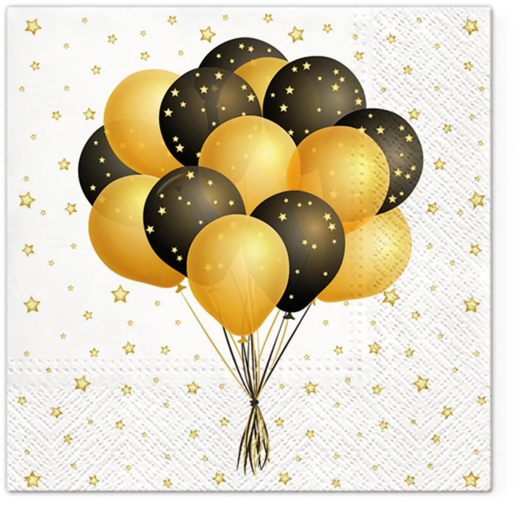 Elegante Servietten in Schwarz/Gold mit Ballon-Motiven, 33x33cm, ideal für festliche Anlässe. Luxuriös und umweltfreundlich.