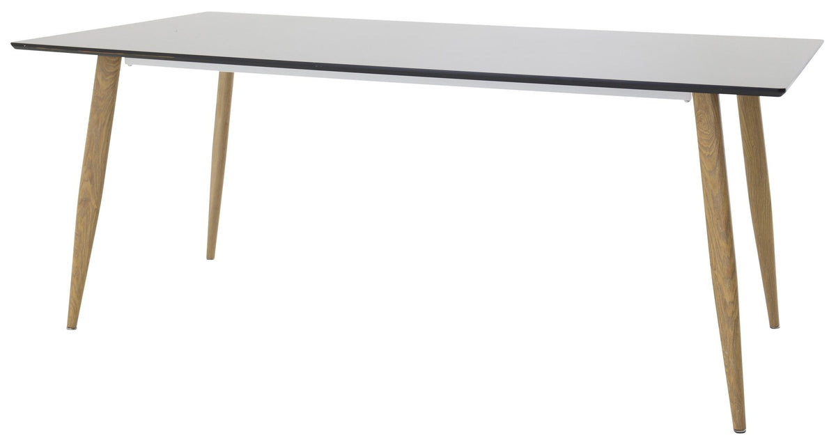 Rechteckiger Esstisch Polar von Venture Home mit schwarzer MDF-Tischplatte und naturfarbenen, leicht ausgestellten Metallbeinen im skandinavischen Design.